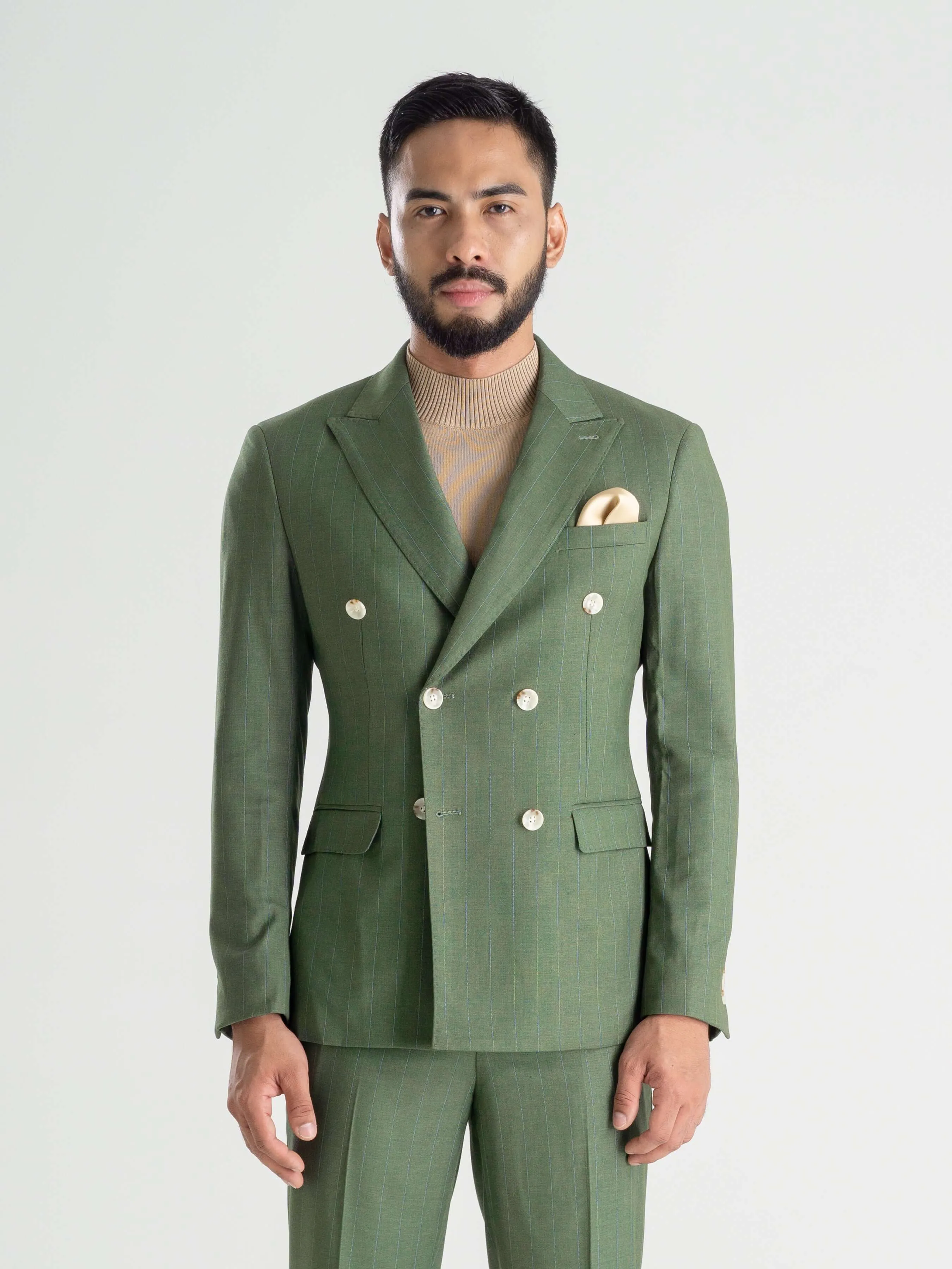 Double Breasted Suit Blazer - Moss Green Stripes (Peak Lapel)