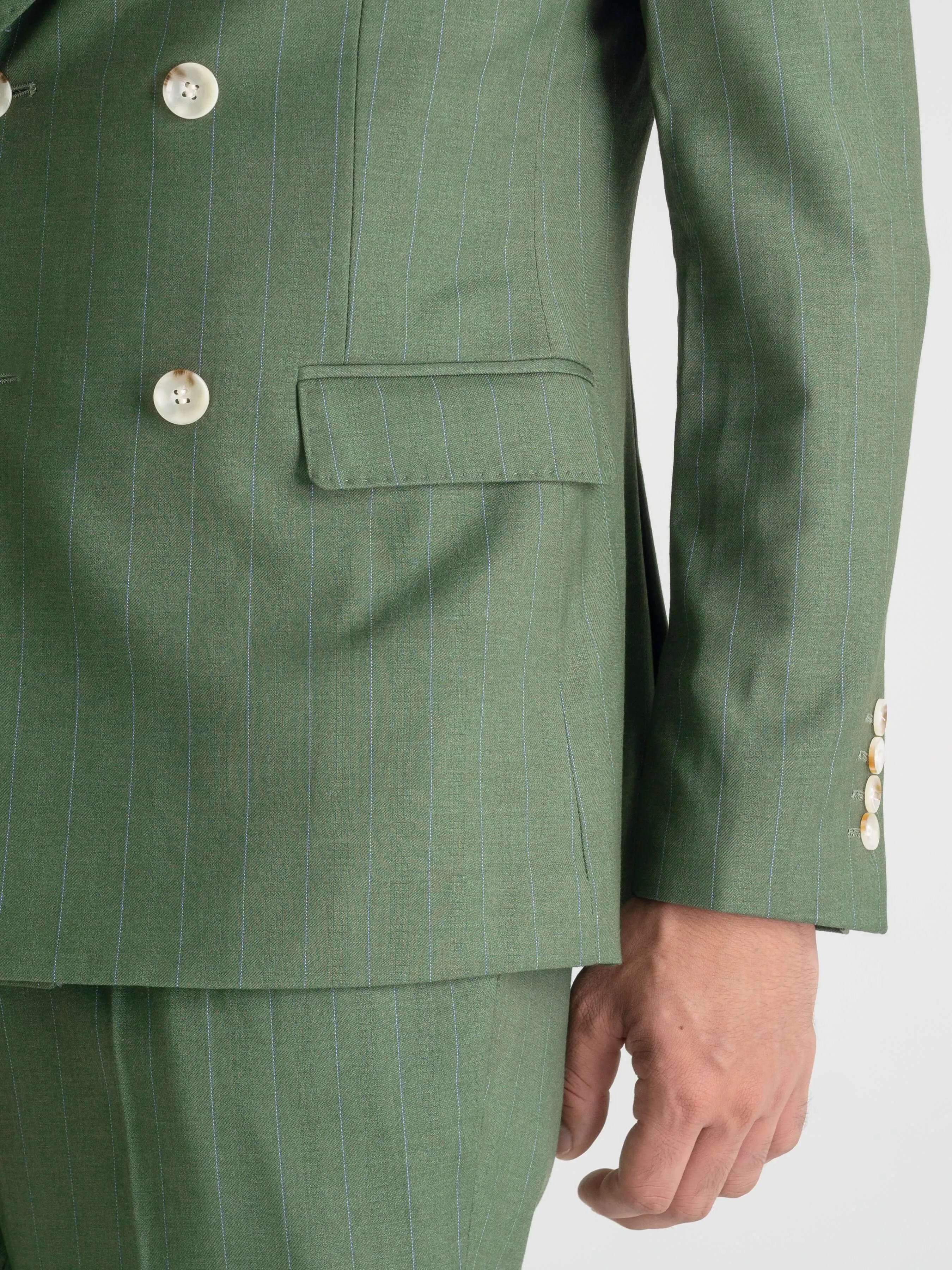 Double Breasted Suit Blazer - Moss Green Stripes (Peak Lapel)