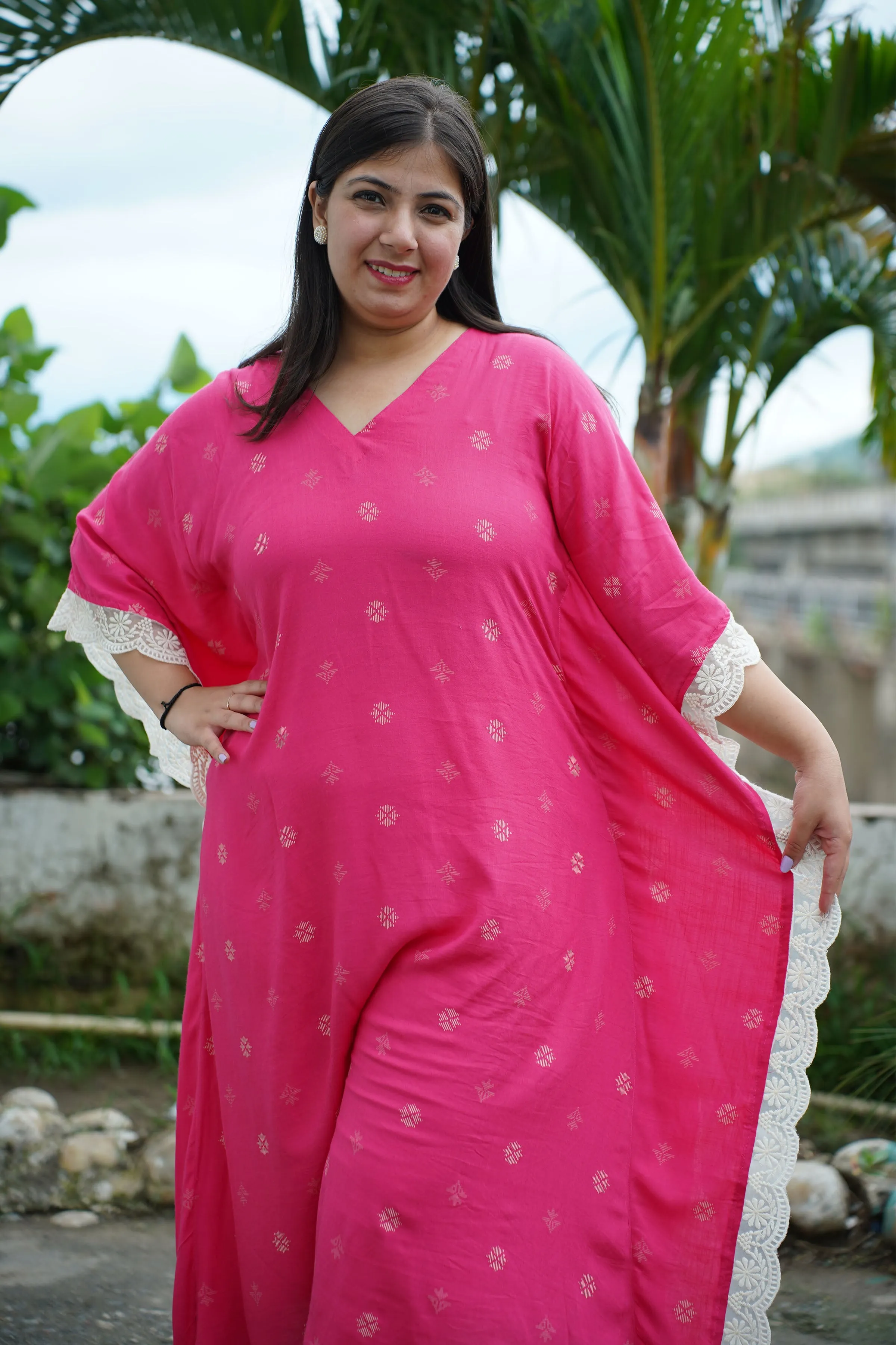 Fuchsia Foiled Breezy Rayon Kaftan