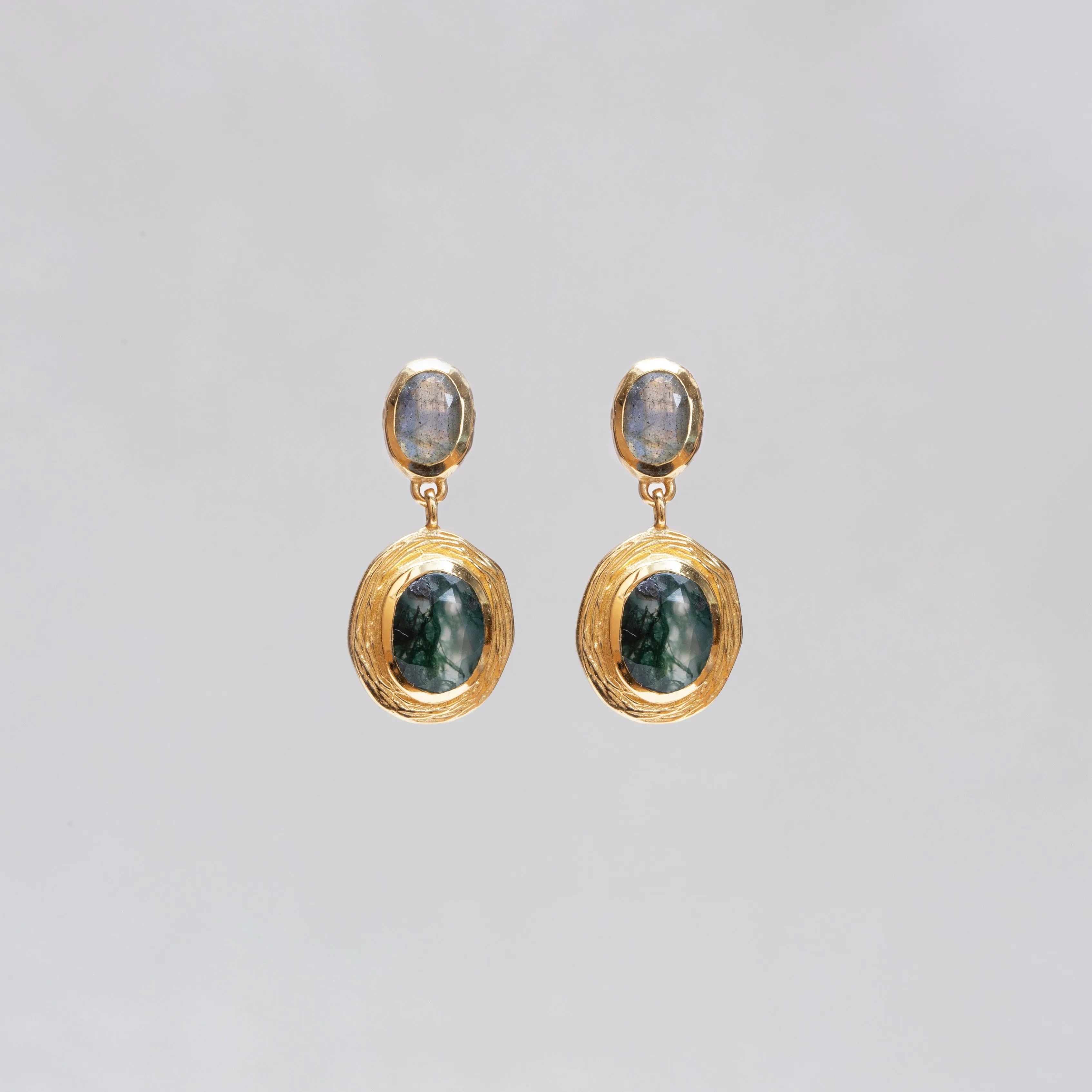 Gold Labradorite and Moss Agate Drop Stud Earrings