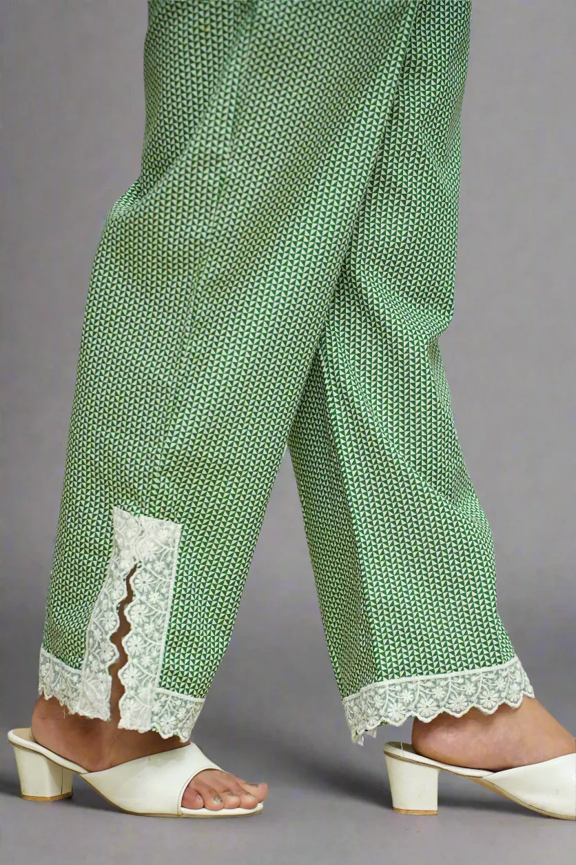 Green Printed Detailed Cotton Pants