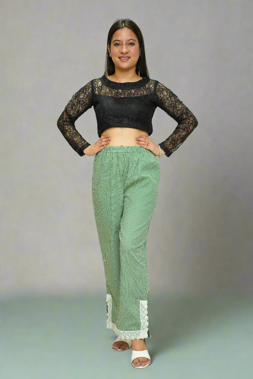 Green Printed Detailed Cotton Pants