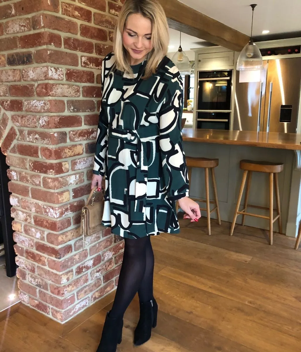 Green Vintage Print Belted Dress