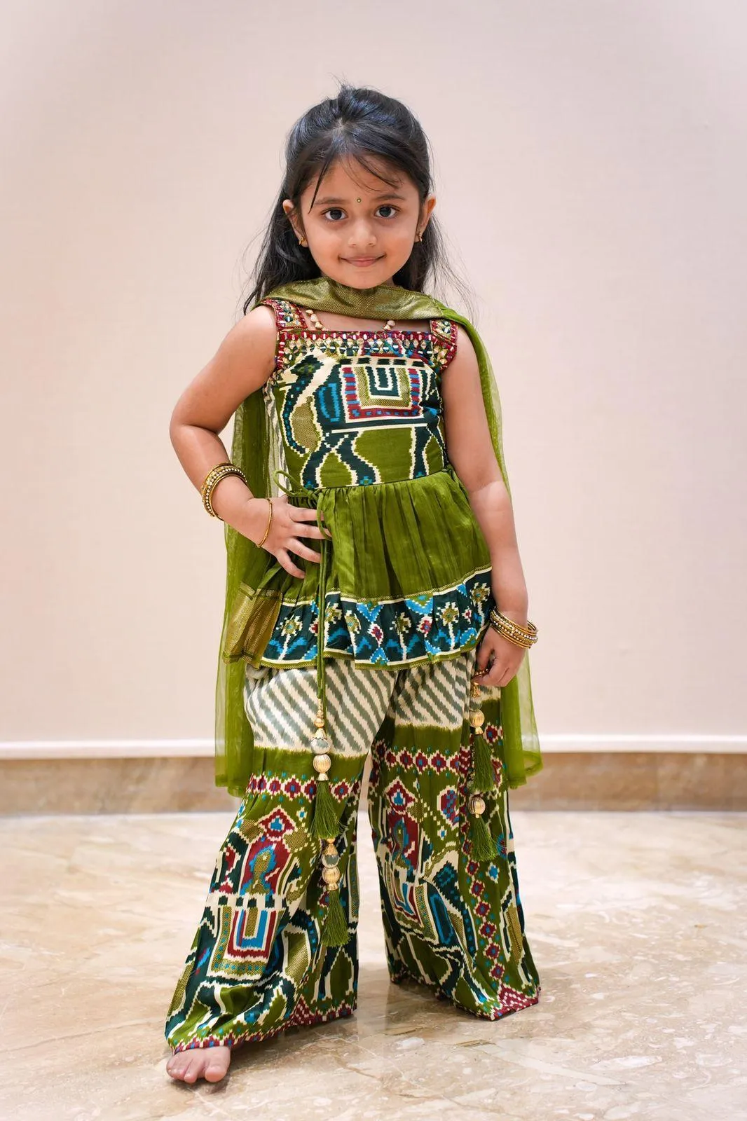 Green with Cream Kalamkari Print Peplum Top with Palazzo Set for Girls