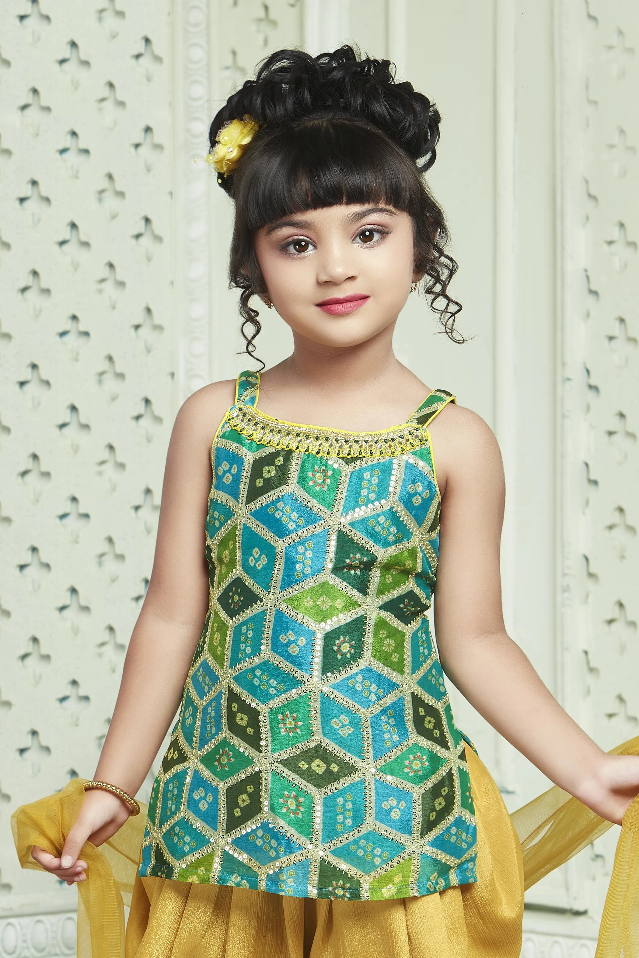 Green with Yellow Bandini Print and Sequins work Dhoti Style Salwar for Girls