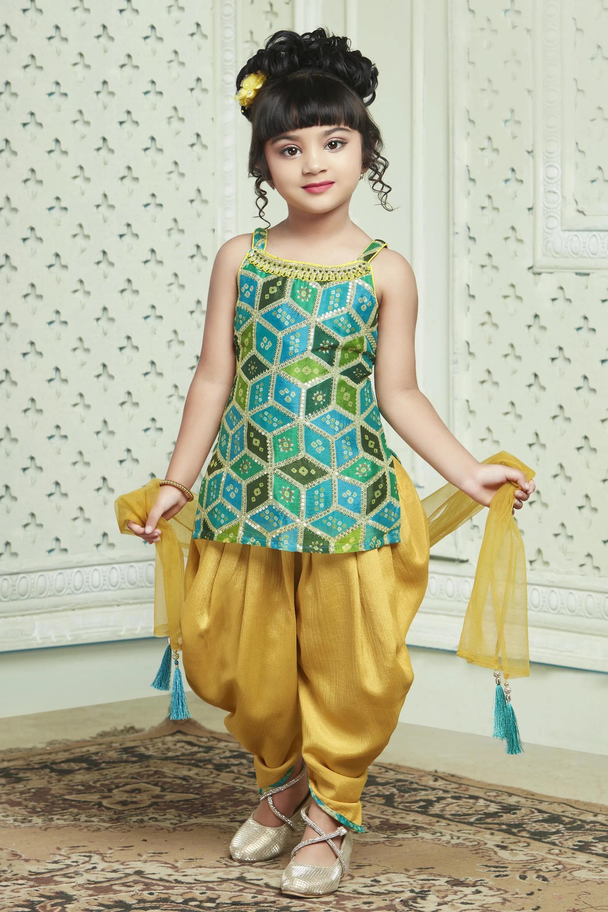 Green with Yellow Bandini Print and Sequins work Dhoti Style Salwar for Girls