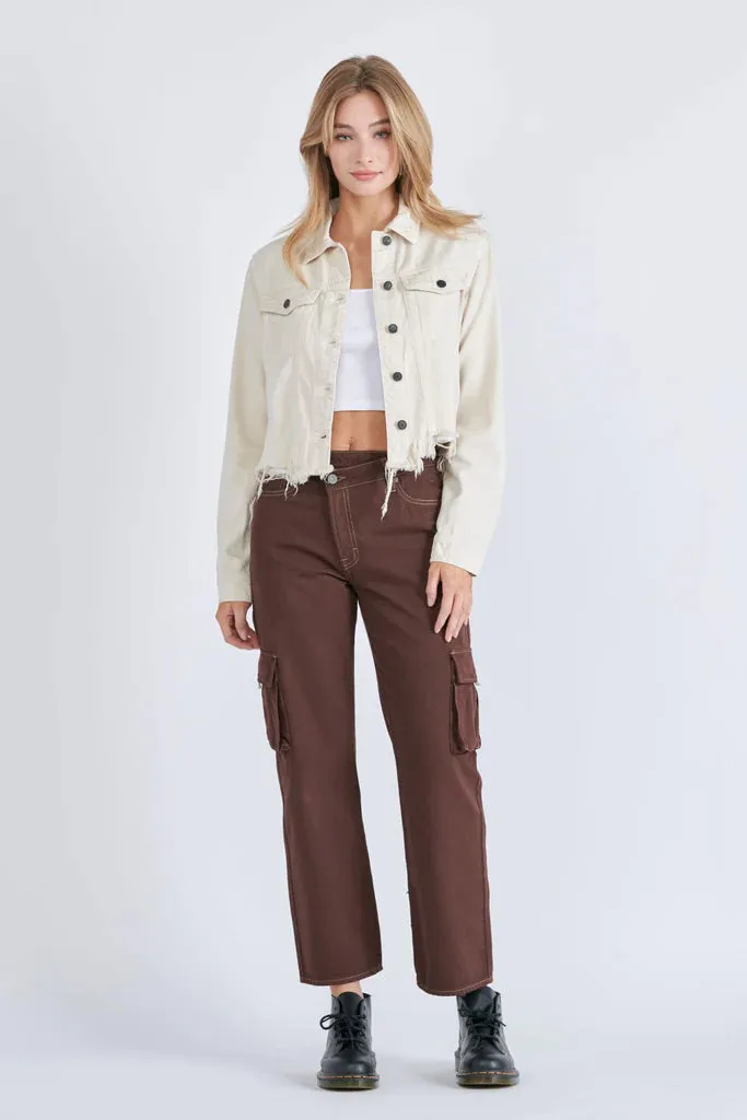 Hidden Jeans Fitted Jacket With Fringe Hem | White