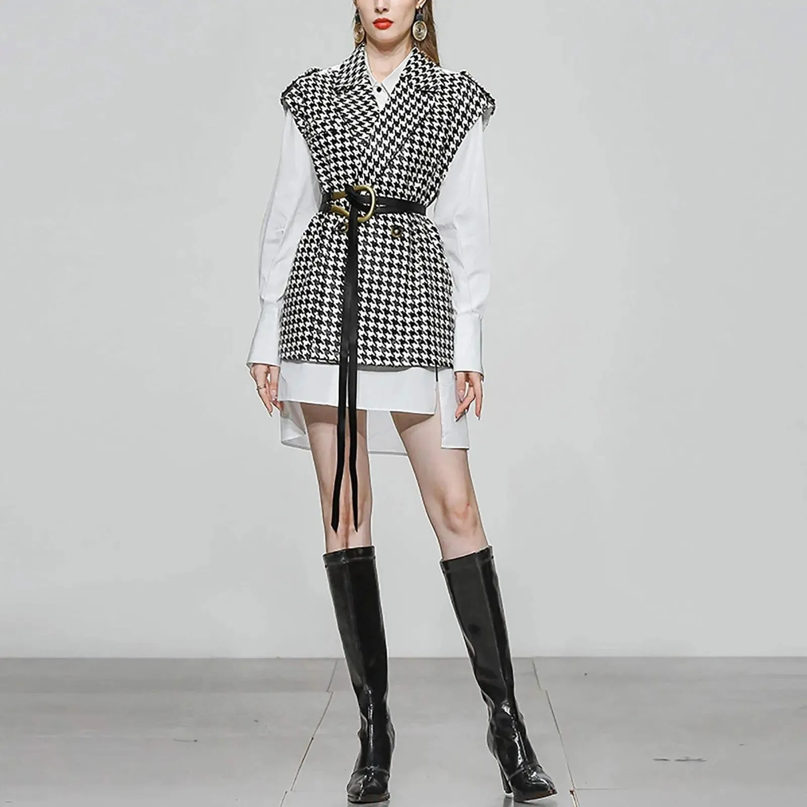 Houndstooth Vest & Long White Blouse Two-Piece Set