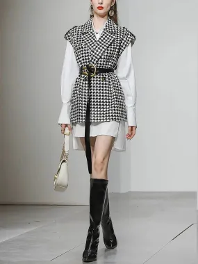 Houndstooth Vest & Long White Blouse Two-Piece Set