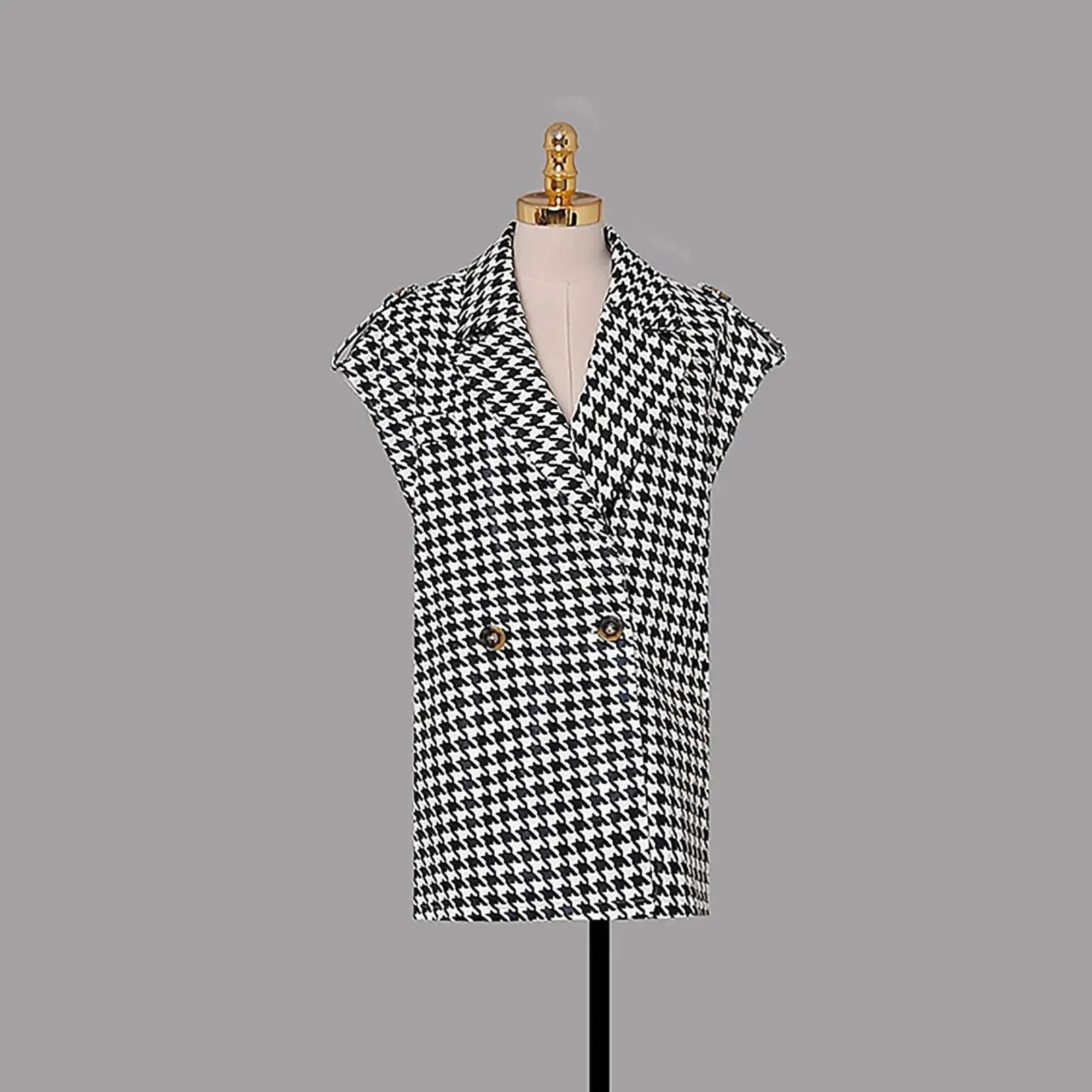 Houndstooth Vest & Long White Blouse Two-Piece Set