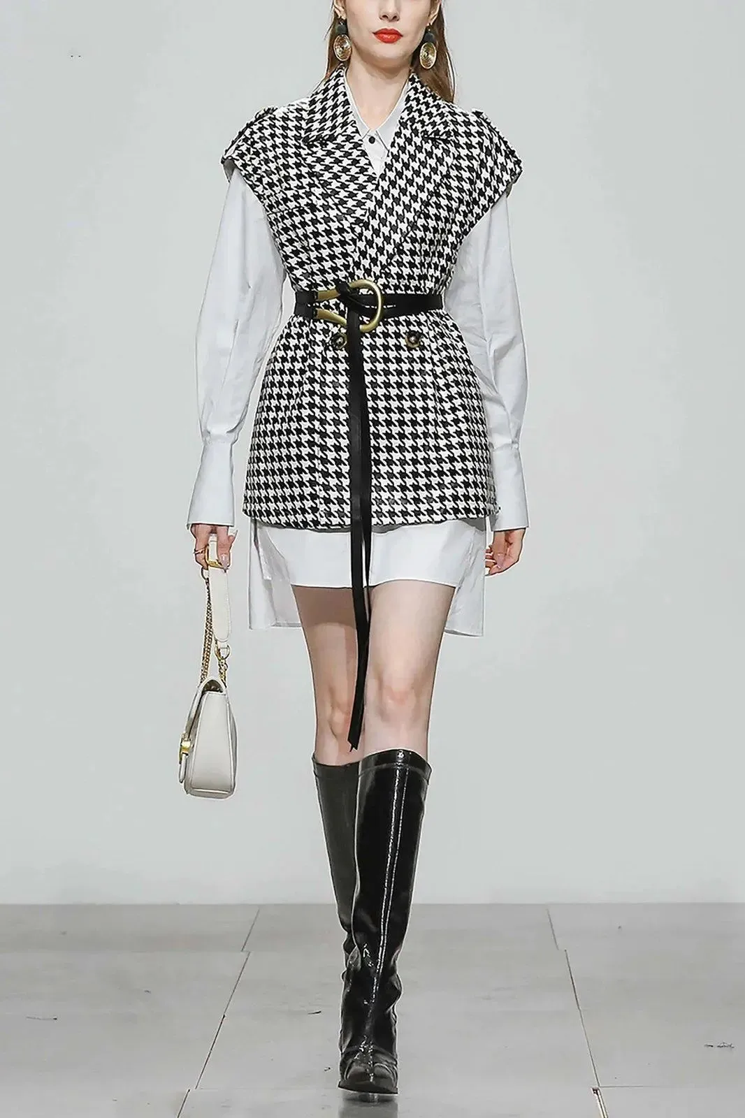 Houndstooth Vest & Long White Blouse Two-Piece Set