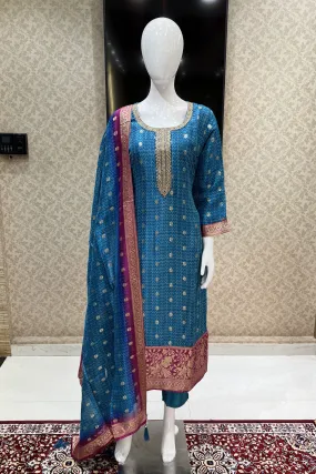 Indigo Blue Banaras and Sequins work Organza Straight Cut Salwar Suit