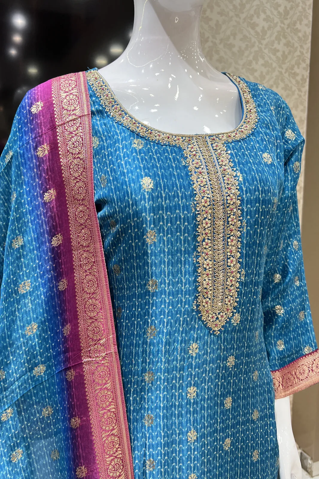 Indigo Blue Banaras and Sequins work Organza Straight Cut Salwar Suit