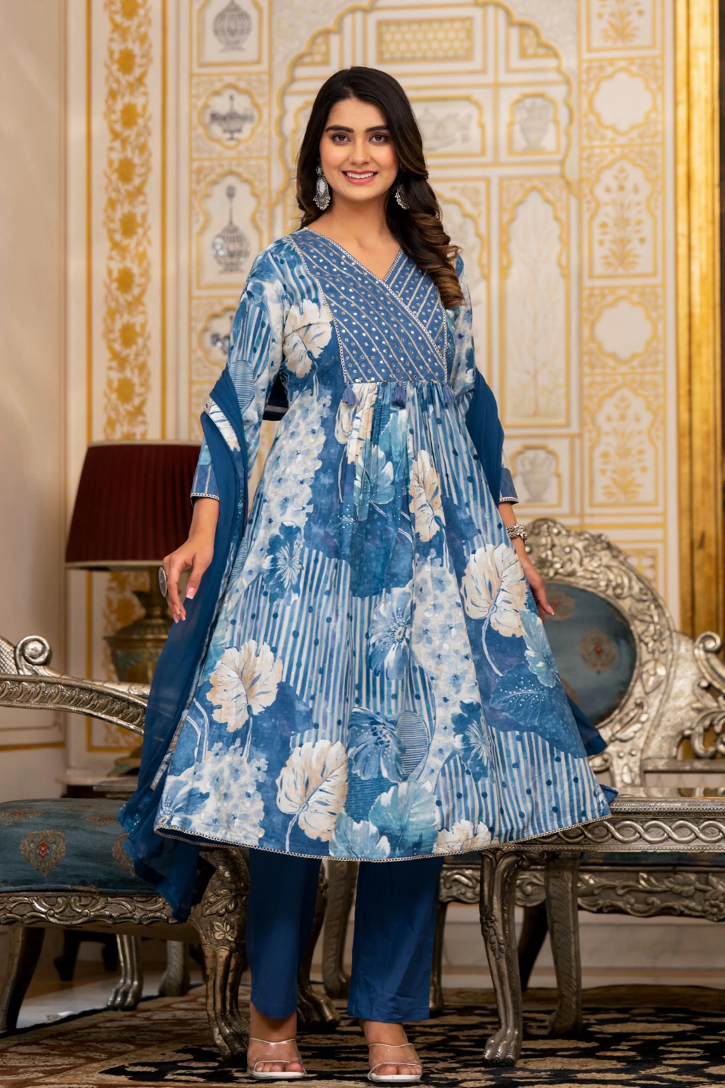 Ink Blue Floral Anarkali Set