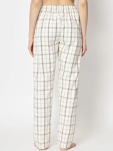 IRIZA Women's Cotton Check Pyjama with Drawstring (M, OffWhiteBox)