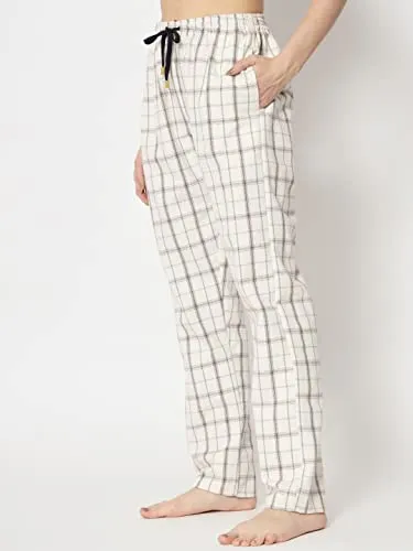 IRIZA Women's Cotton Check Pyjama with Drawstring (M, OffWhiteBox)