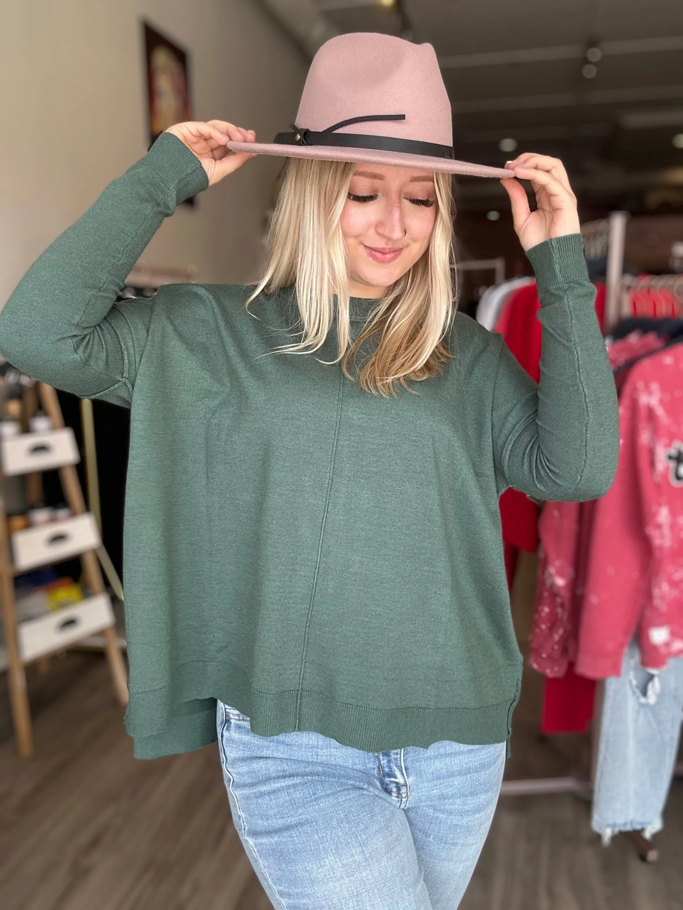 Juniper Green Round Neck Seam Sweater