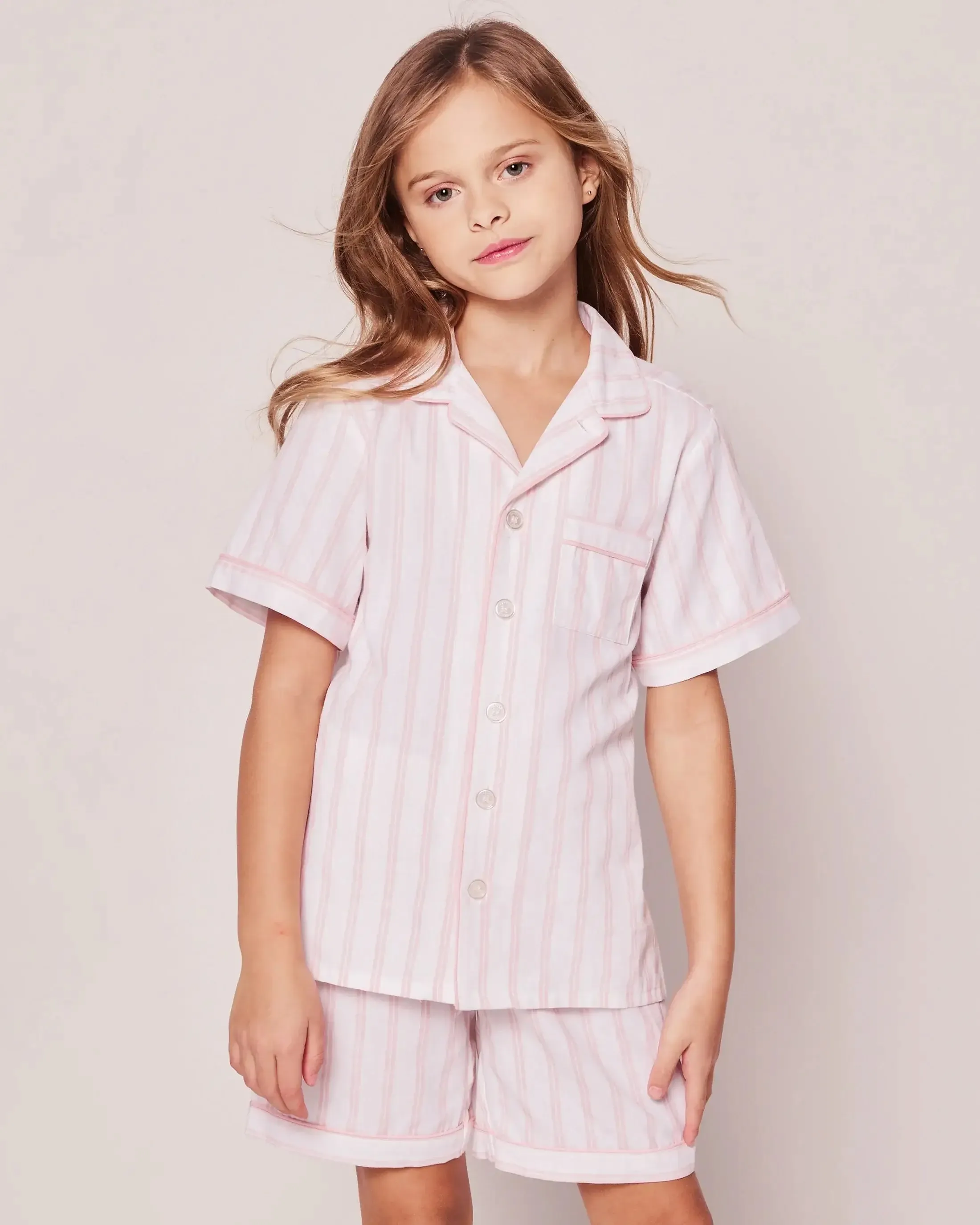 Kid's Twill Pajama Short Set in Pink and White Stripe