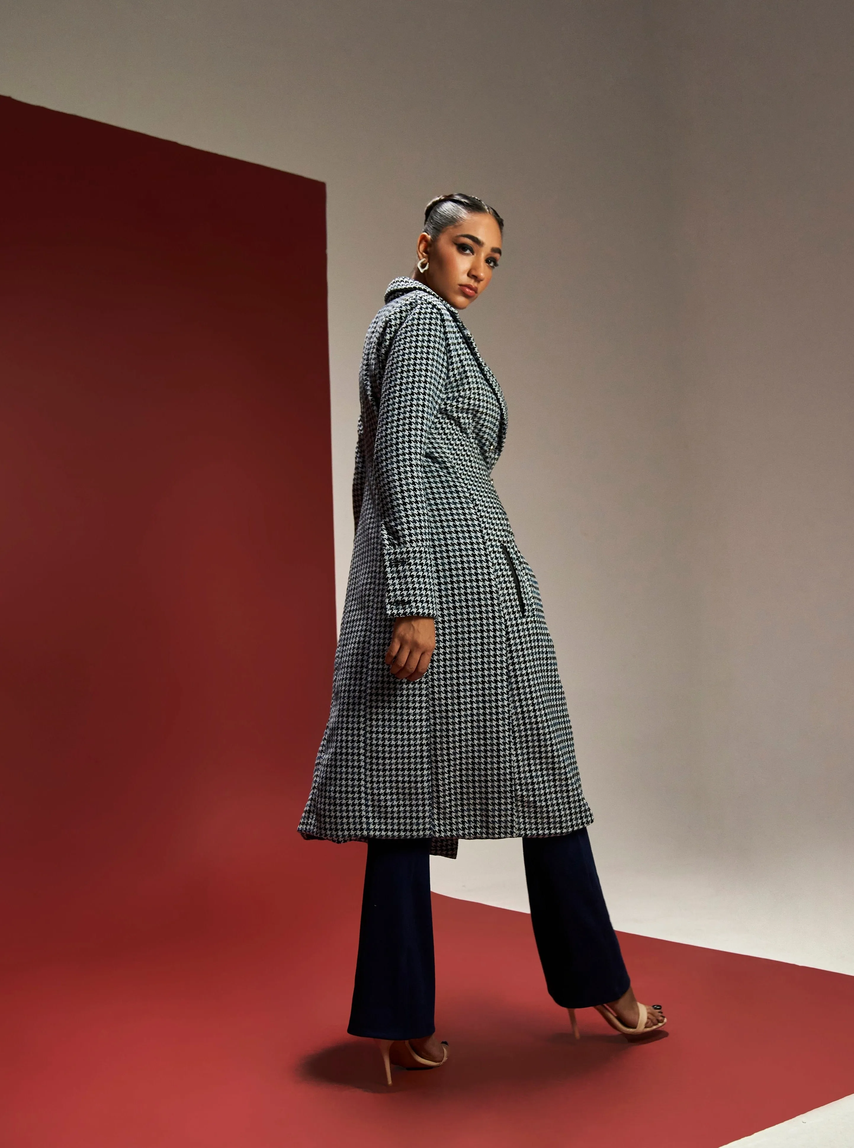 Leone Blue Houndstooth Long Overcoat