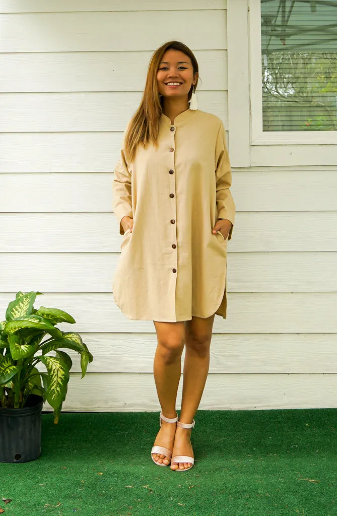 Light Brown Organic Cotton Shirtdress with Pockets