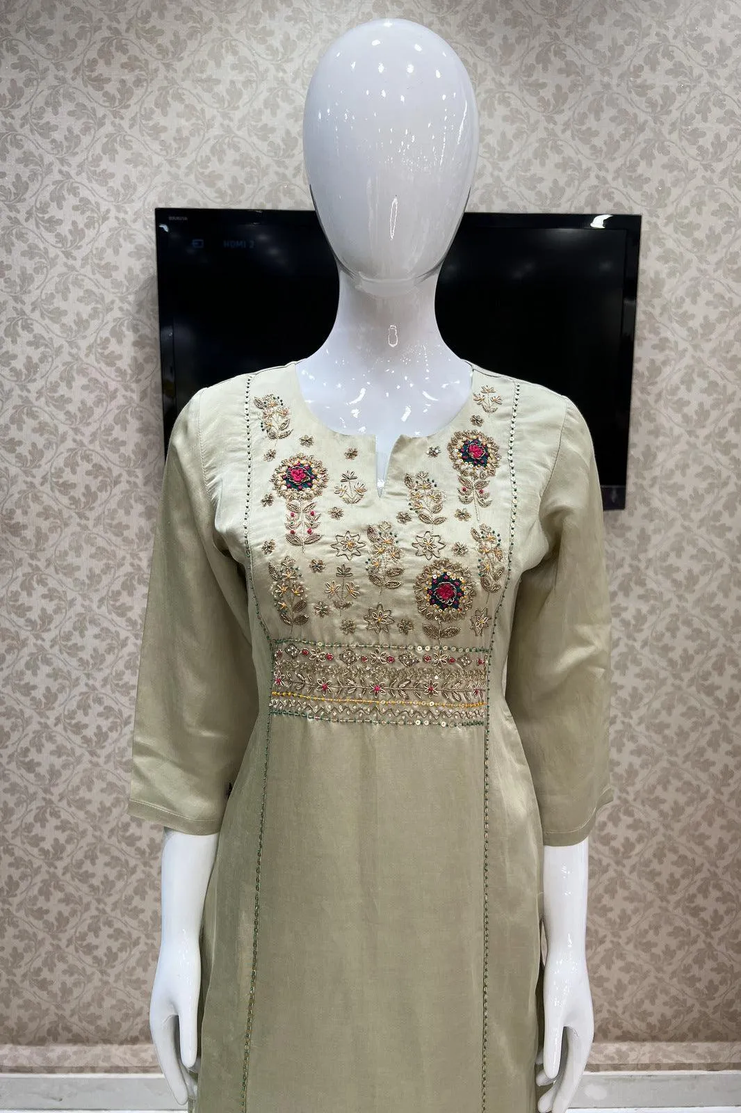 Light Green Zardozi, Sequins and Thread work Straight Cut Salwar Suit