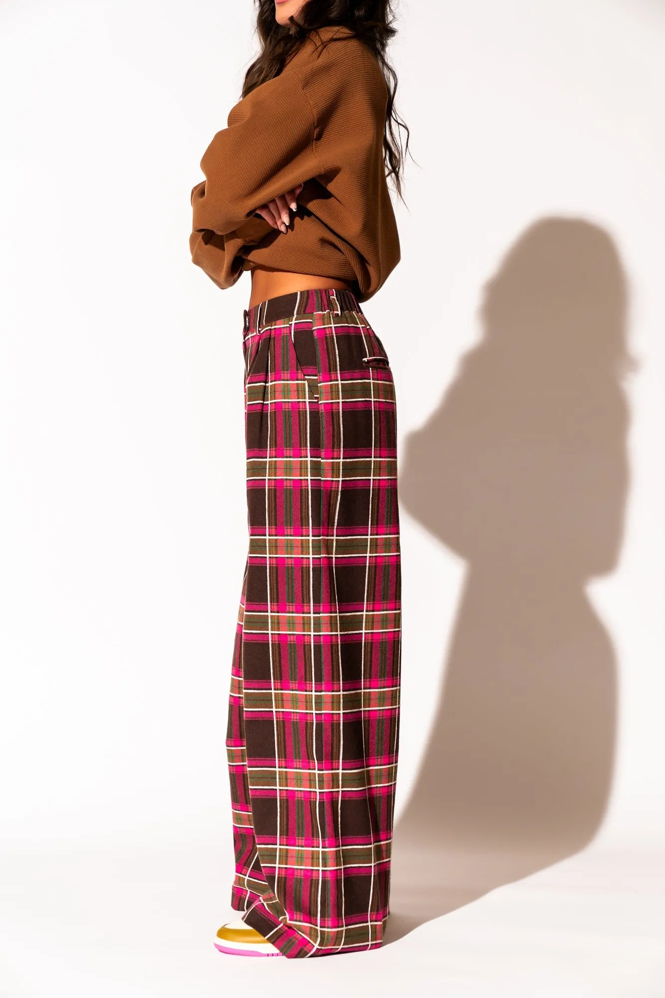 Stylish Pink Plaid Wide-Leg Trousers - Lovers Lane Collection