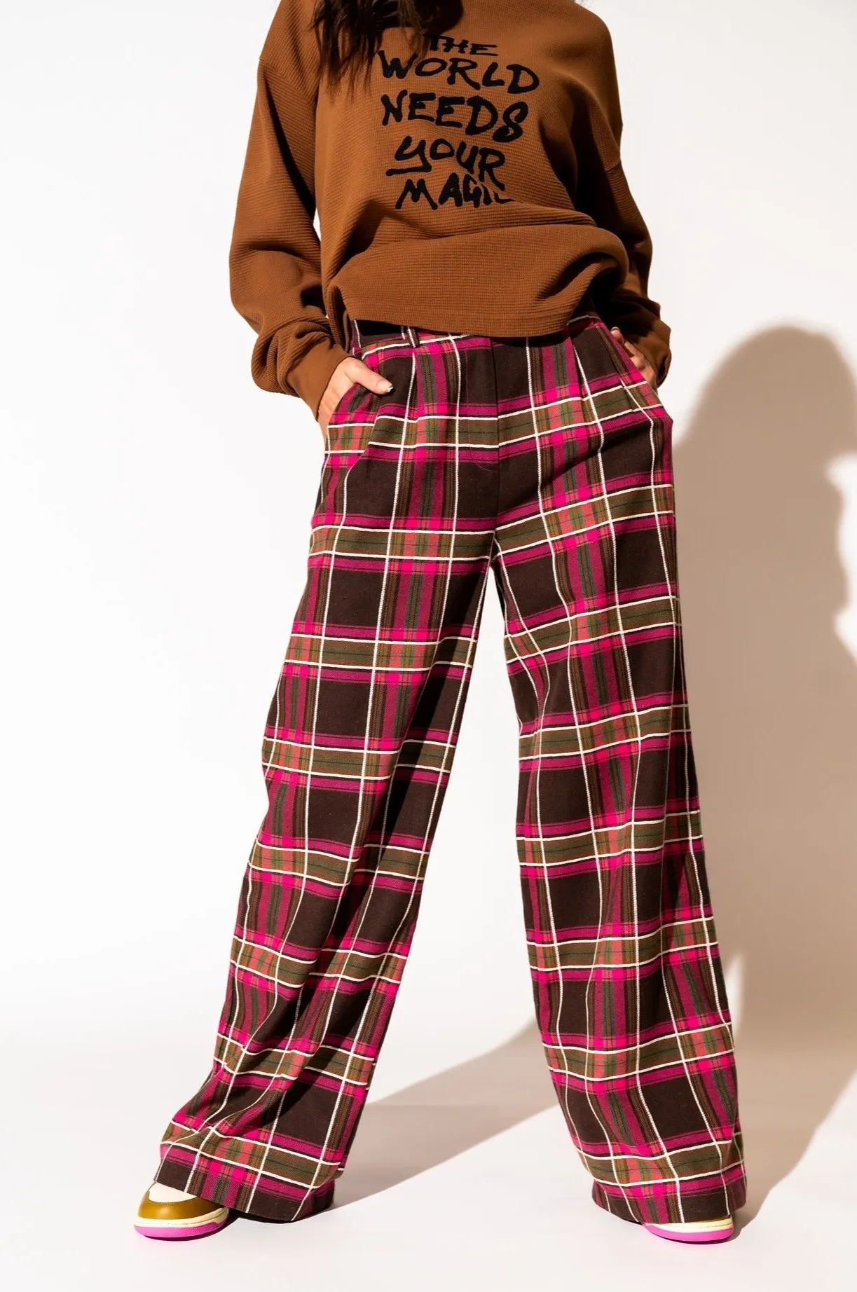 Stylish Pink Plaid Wide-Leg Trousers - Lovers Lane Collection