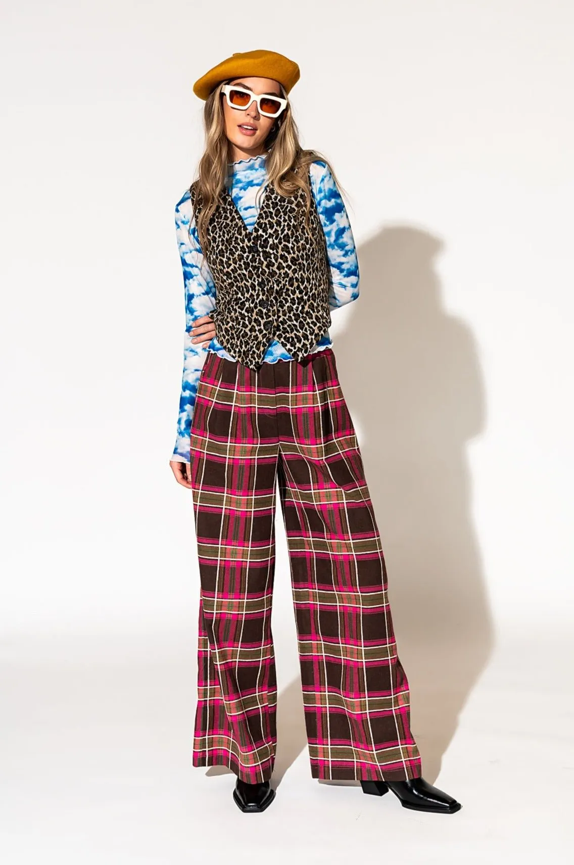 Stylish Pink Plaid Wide-Leg Trousers - Lovers Lane Collection