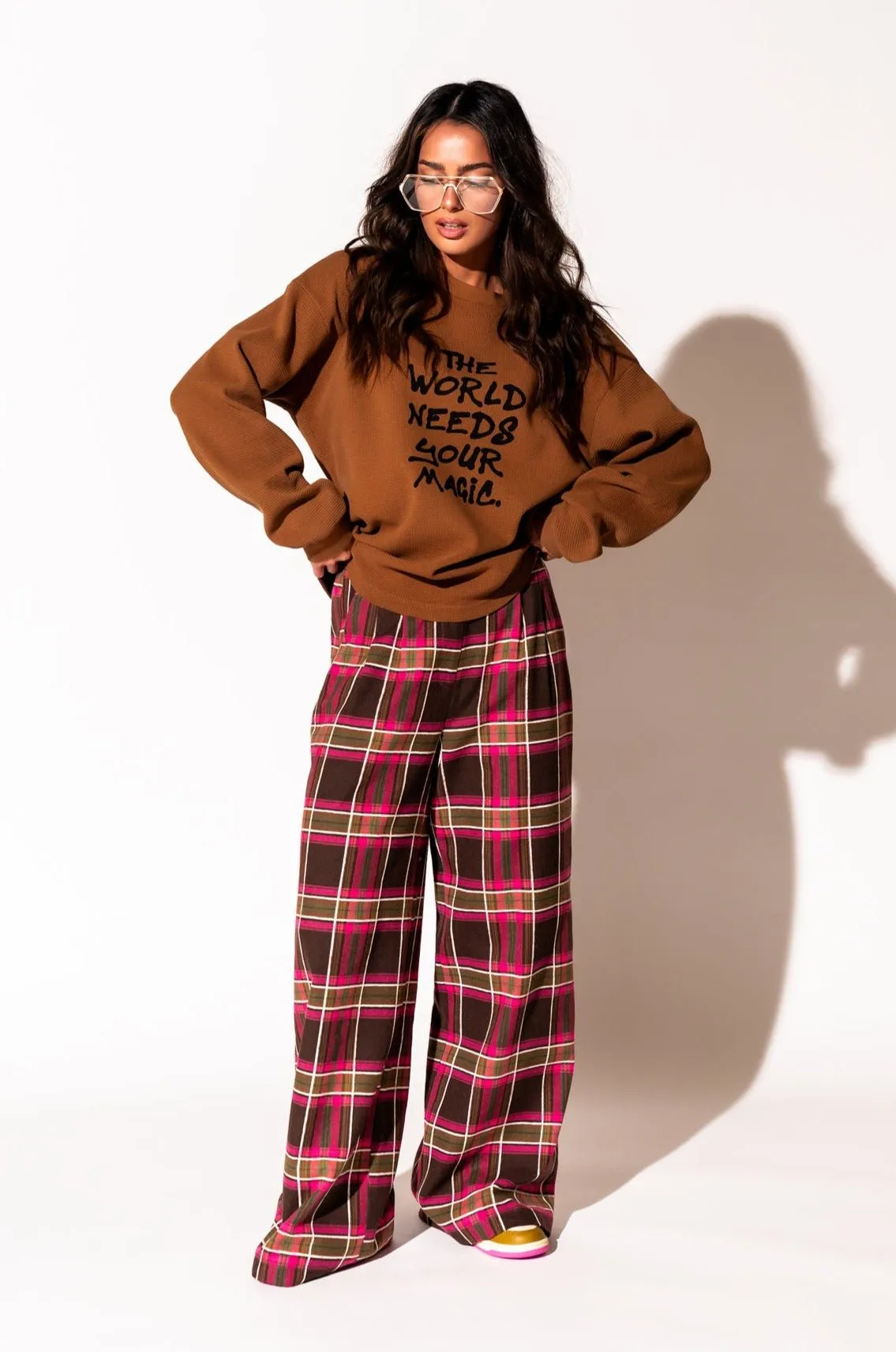 Stylish Pink Plaid Wide-Leg Trousers - Lovers Lane Collection