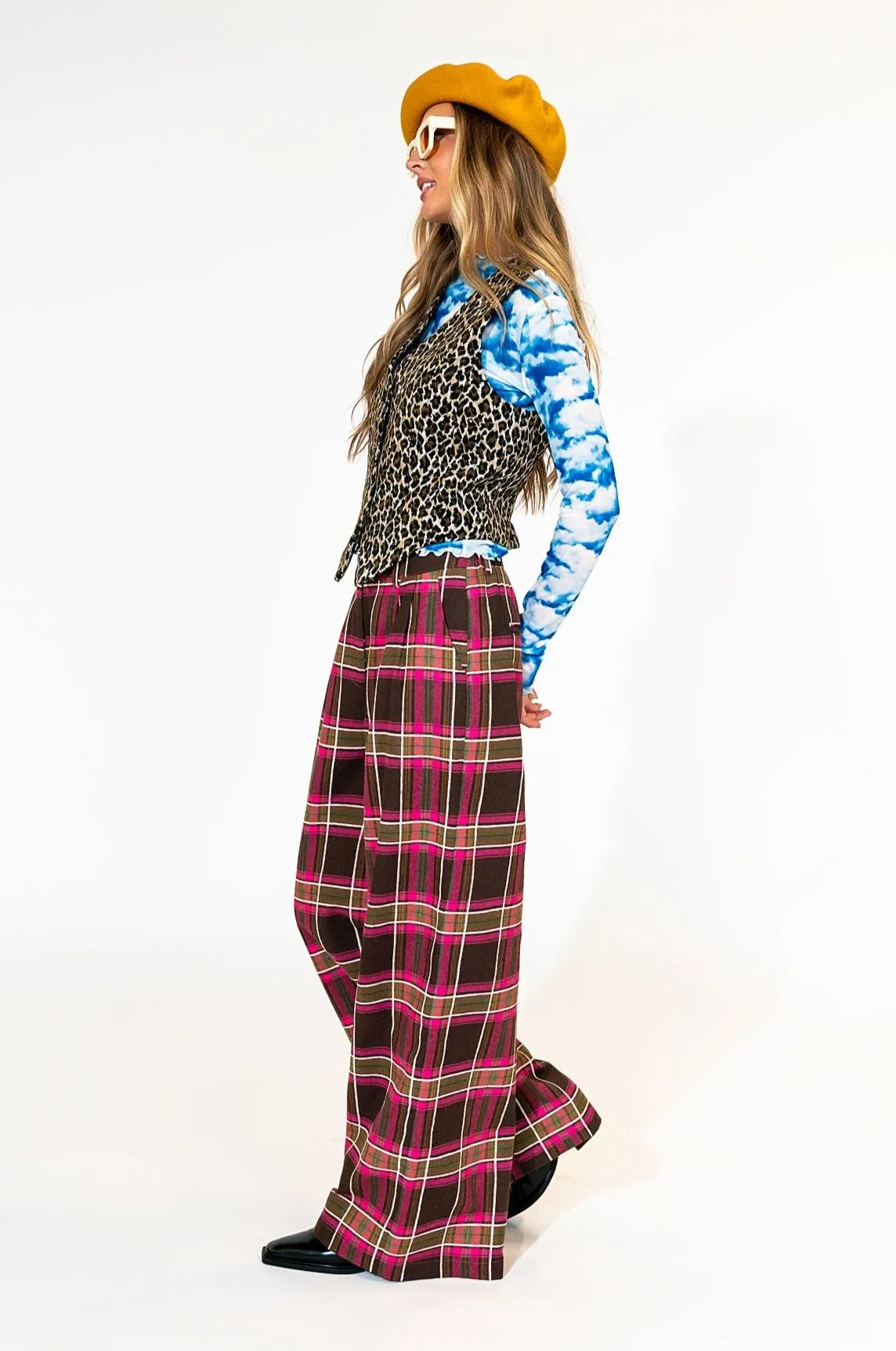 Stylish Pink Plaid Wide-Leg Trousers - Lovers Lane Collection