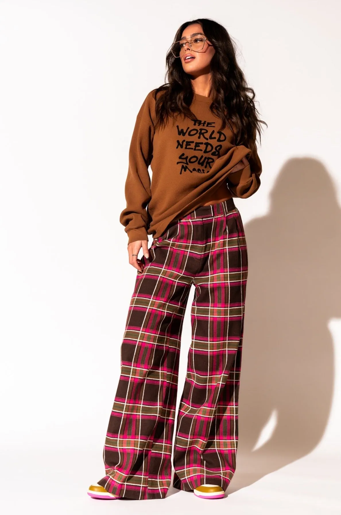 Stylish Pink Plaid Wide-Leg Trousers - Lovers Lane Collection