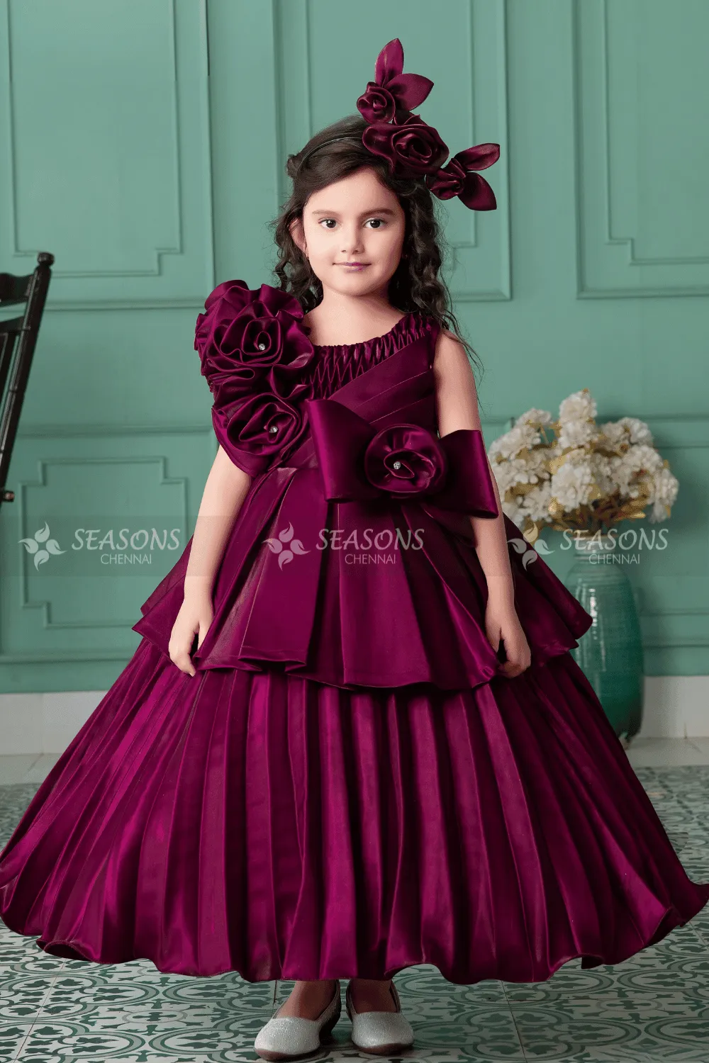 Maroon Satin Long Party Ball Gown for Girls