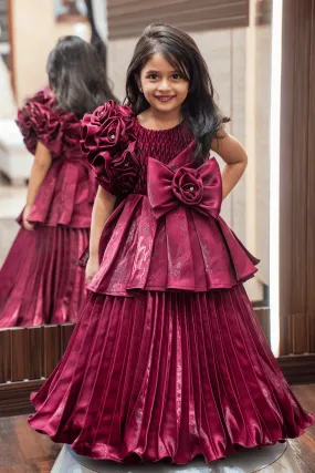 Maroon Satin Long Party Ball Gown for Girls