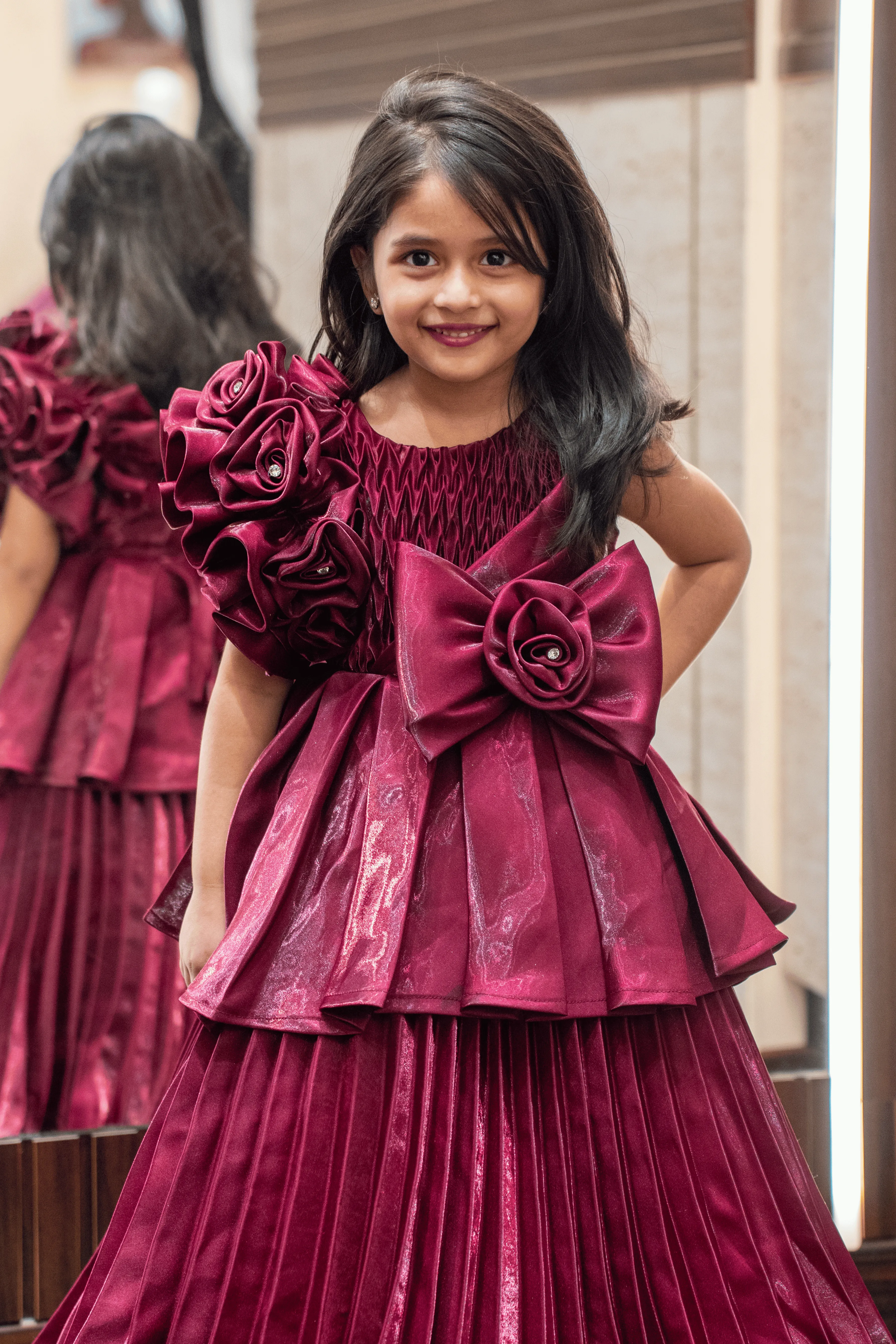 Maroon Satin Long Party Ball Gown for Girls