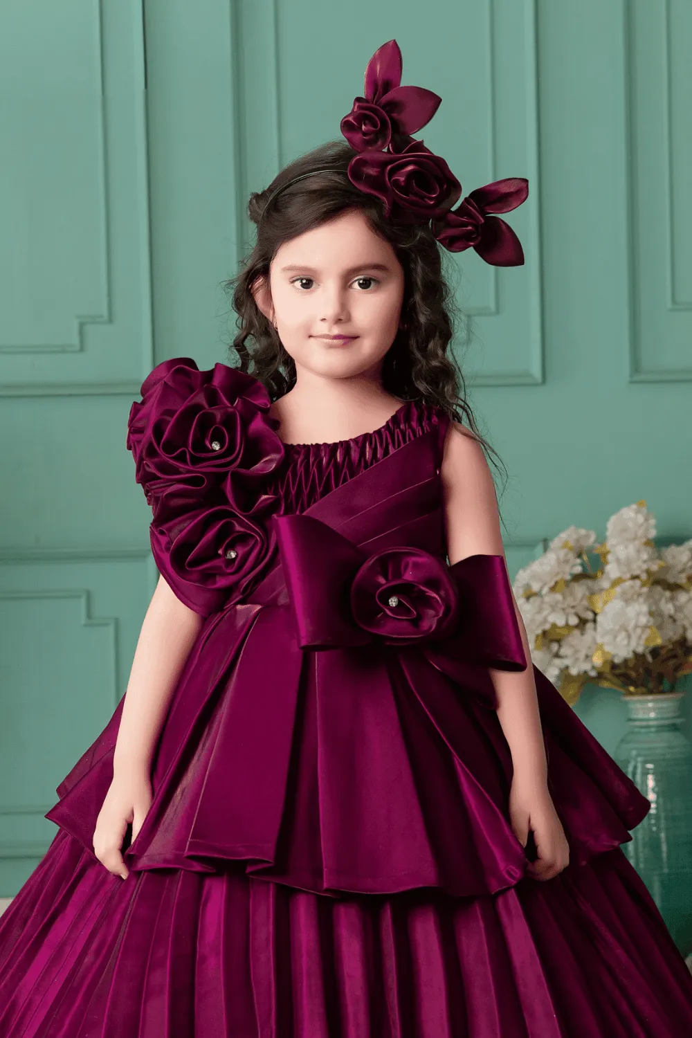 Maroon Satin Long Party Ball Gown for Girls