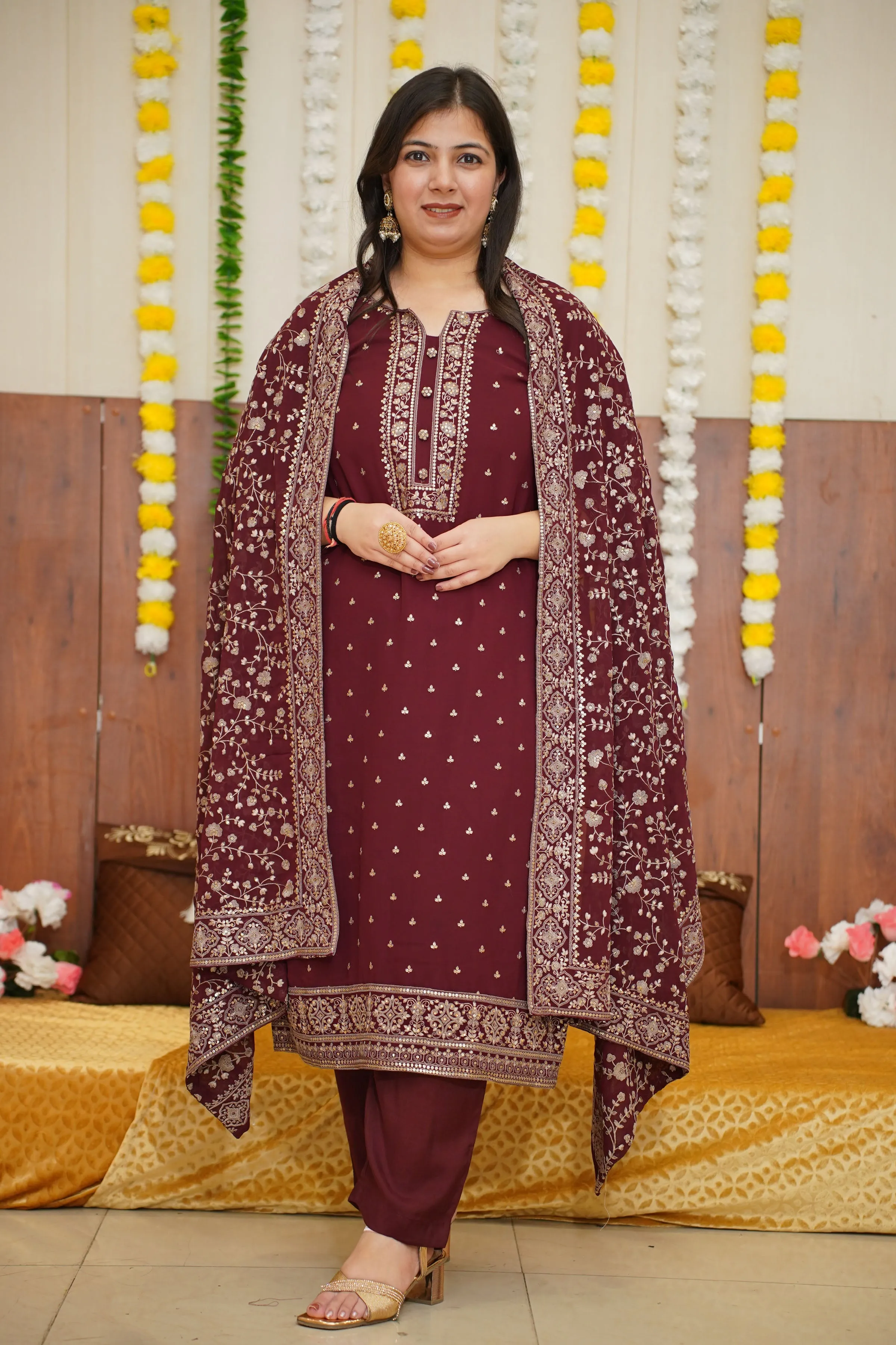 Maroon Zari Georgette Suit Set