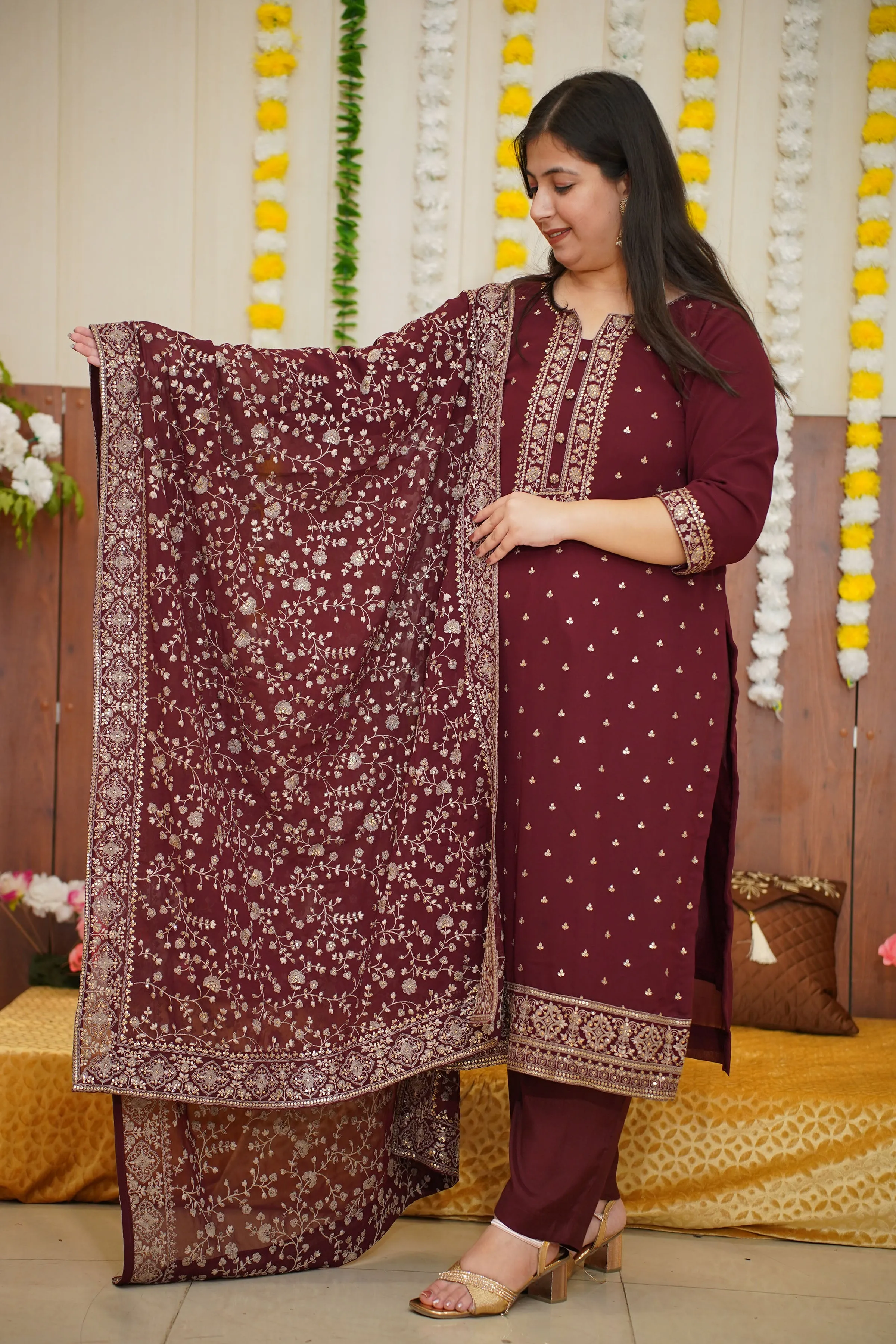 Maroon Zari Georgette Suit Set