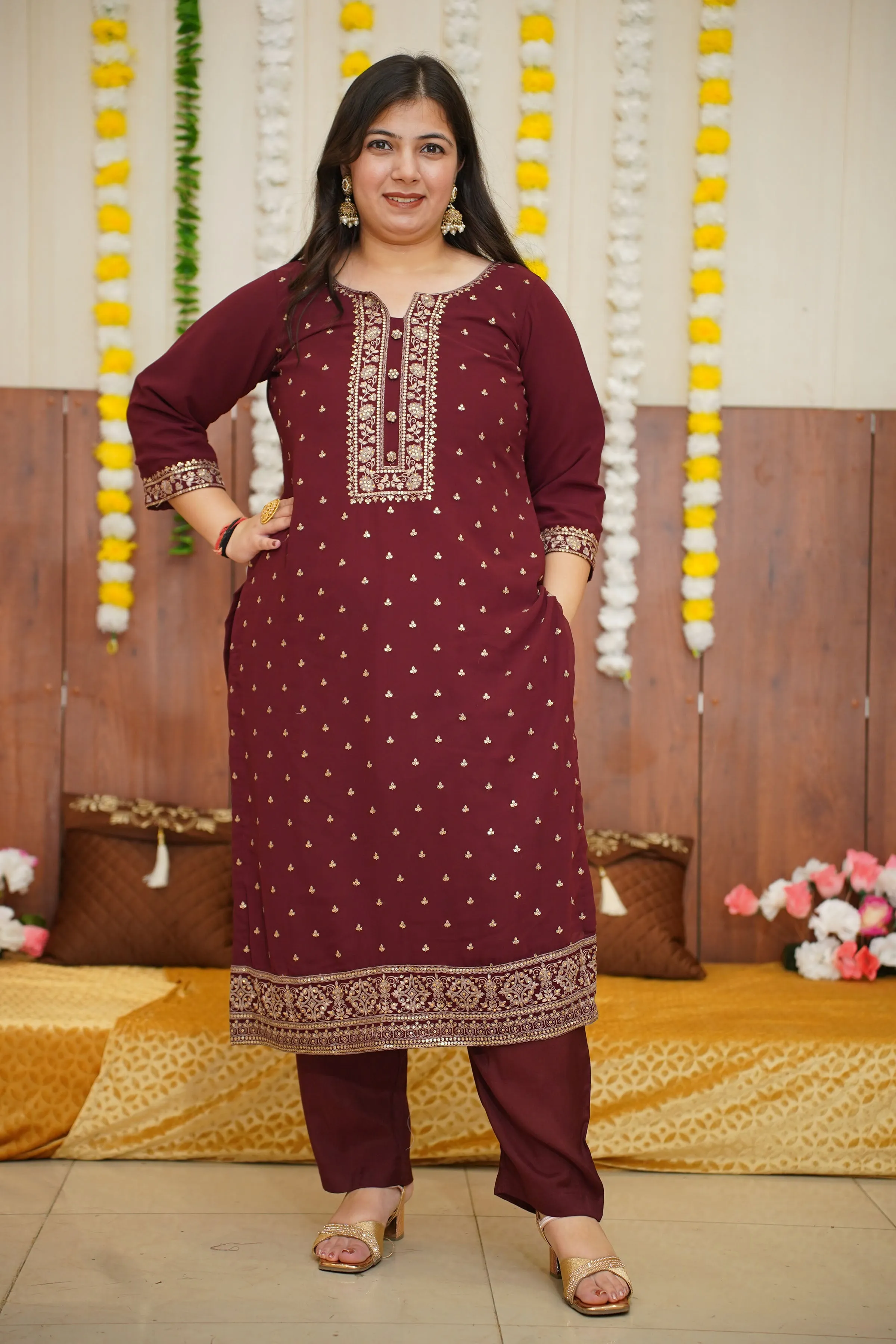 Maroon Zari Georgette Suit Set