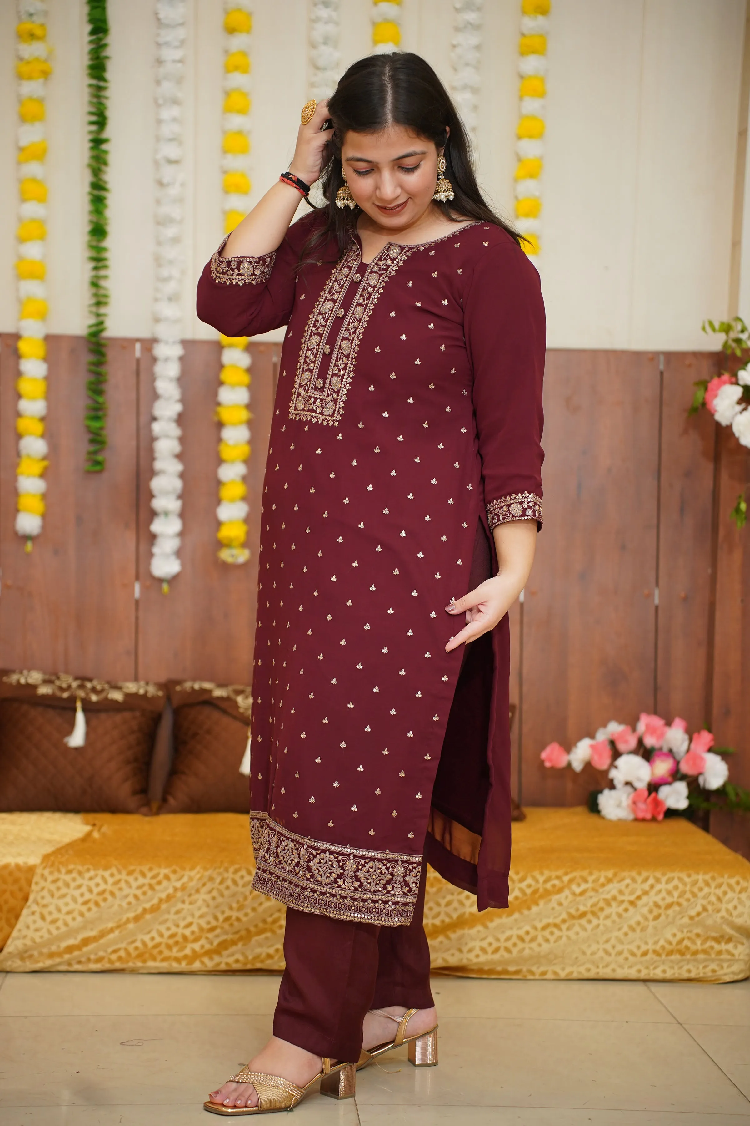 Maroon Zari Georgette Suit Set