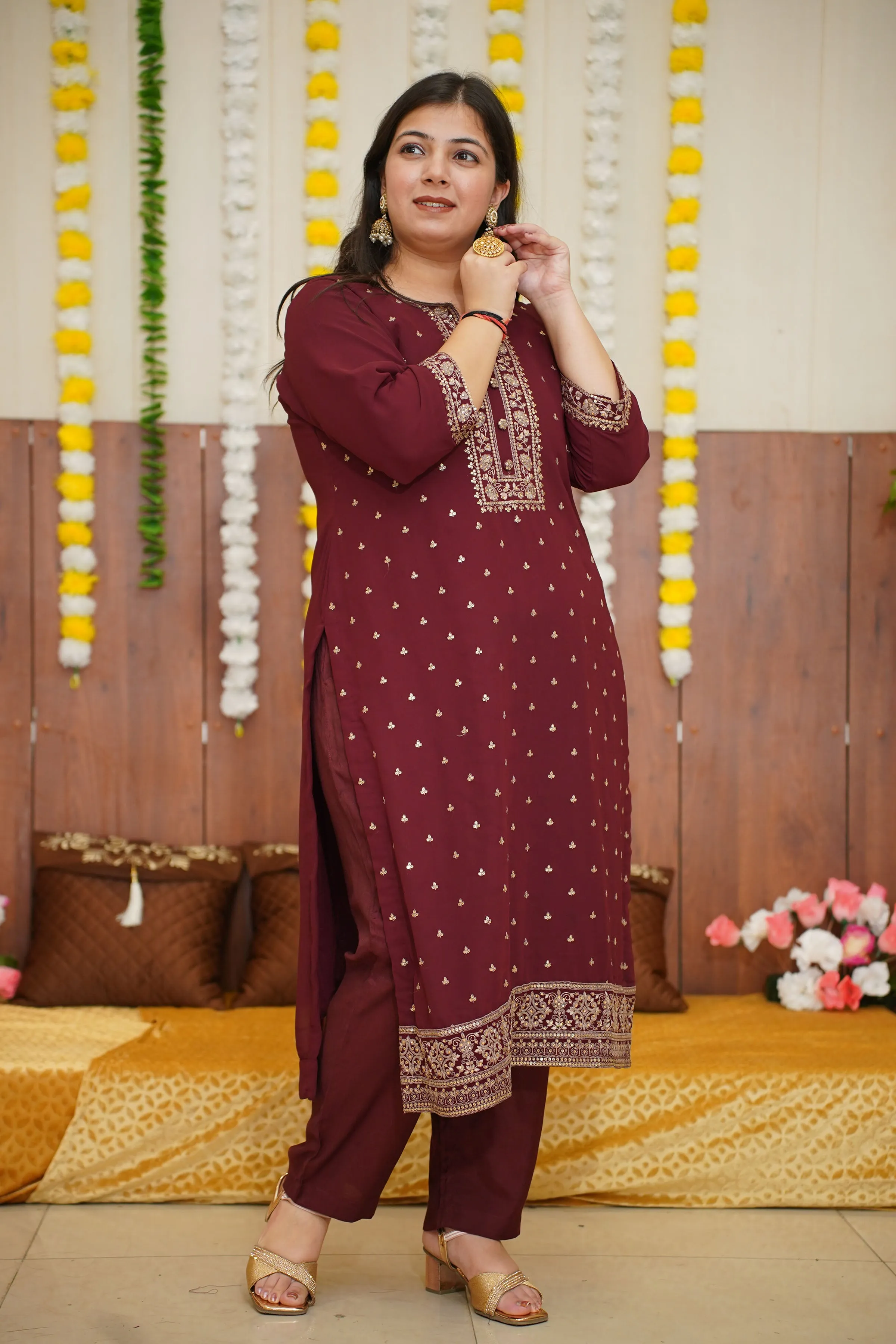 Maroon Zari Georgette Suit Set