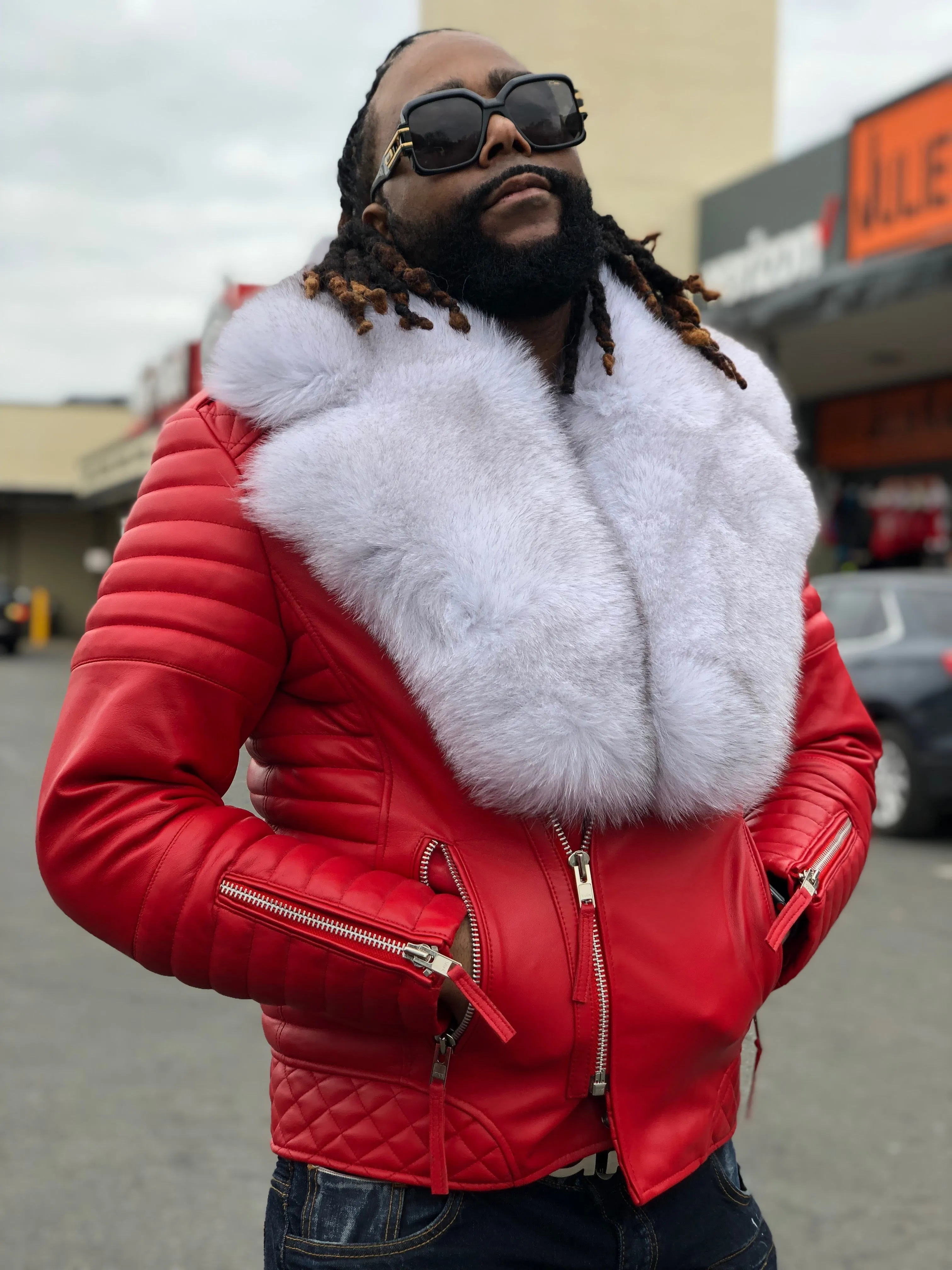 Men's Jay Biker Jacket Red With Full Siberian Fox Collar