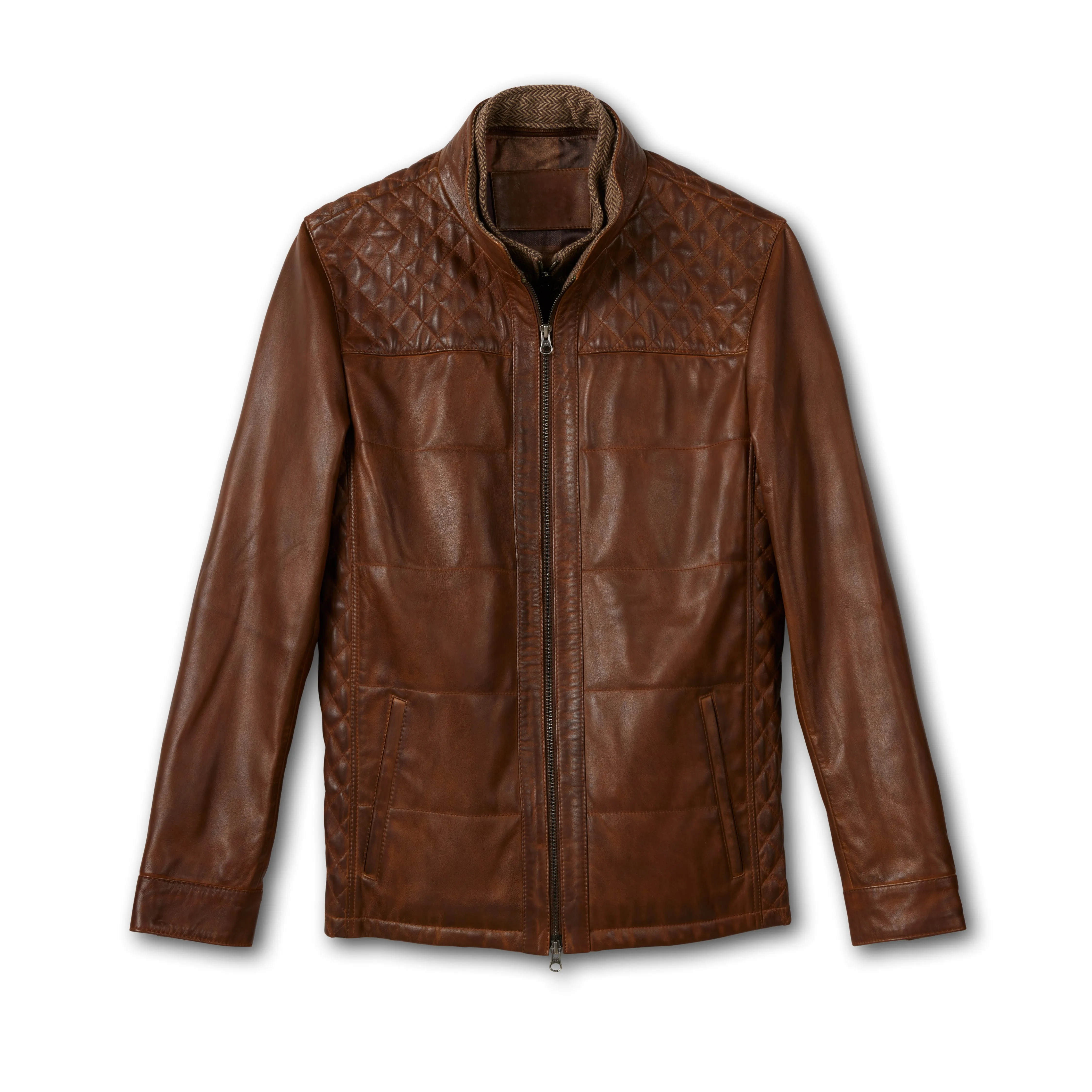 Quilted Leather Jacket with Bib Front for Men