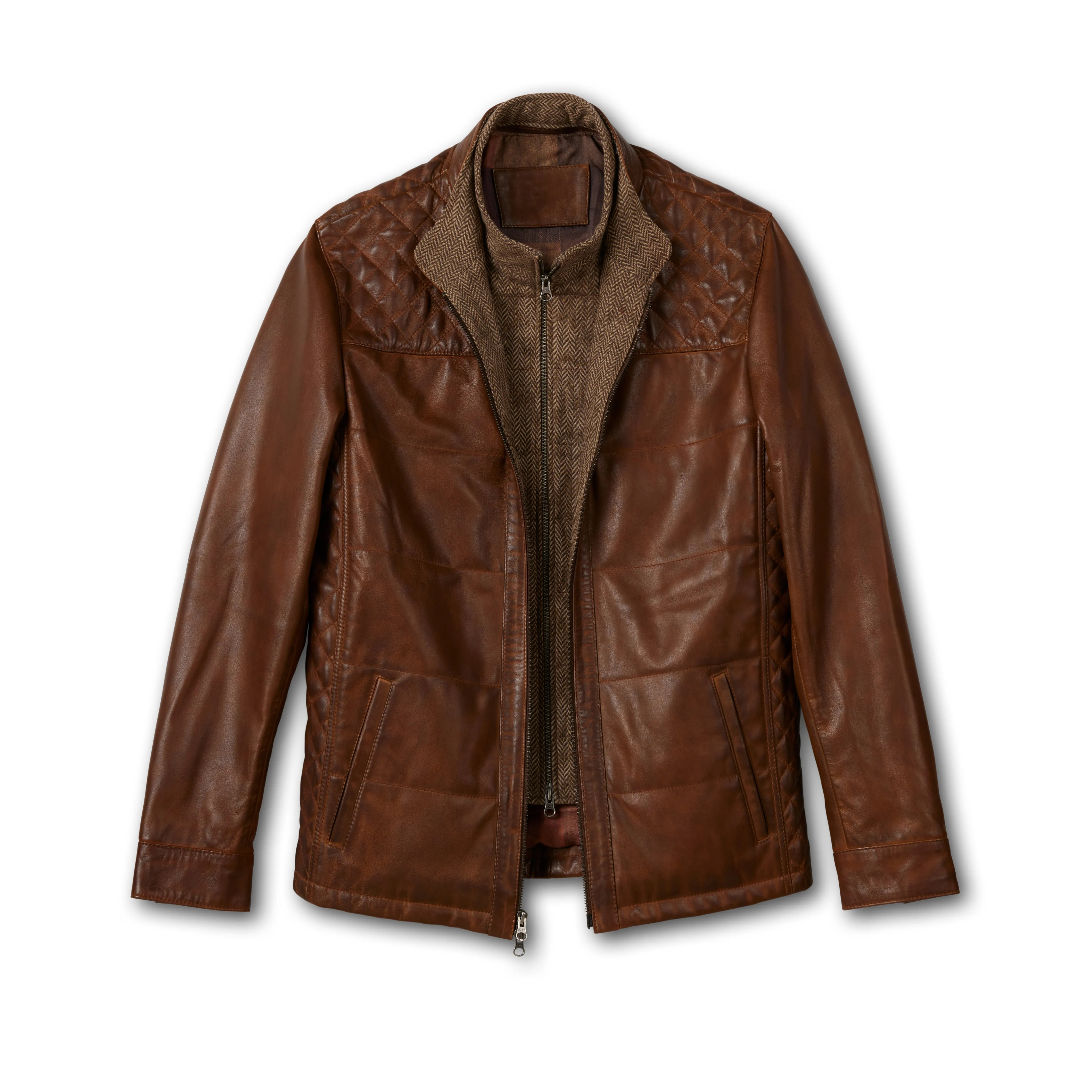 Quilted Leather Jacket with Bib Front for Men