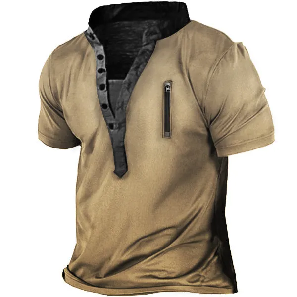 Men's Outdoor Zip Retro Print Tactical Henley Short Sleeve T-Shirt | 18CR