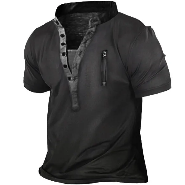 Men's Outdoor Zip Retro Print Tactical Henley Short Sleeve T-Shirt | 18CR