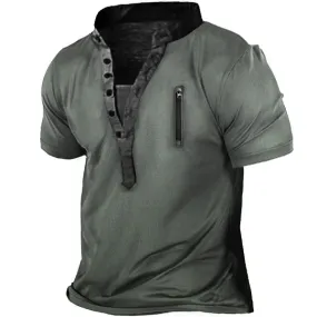 Men's Outdoor Zip Retro Print Tactical Henley Short Sleeve T-Shirt | 18CR