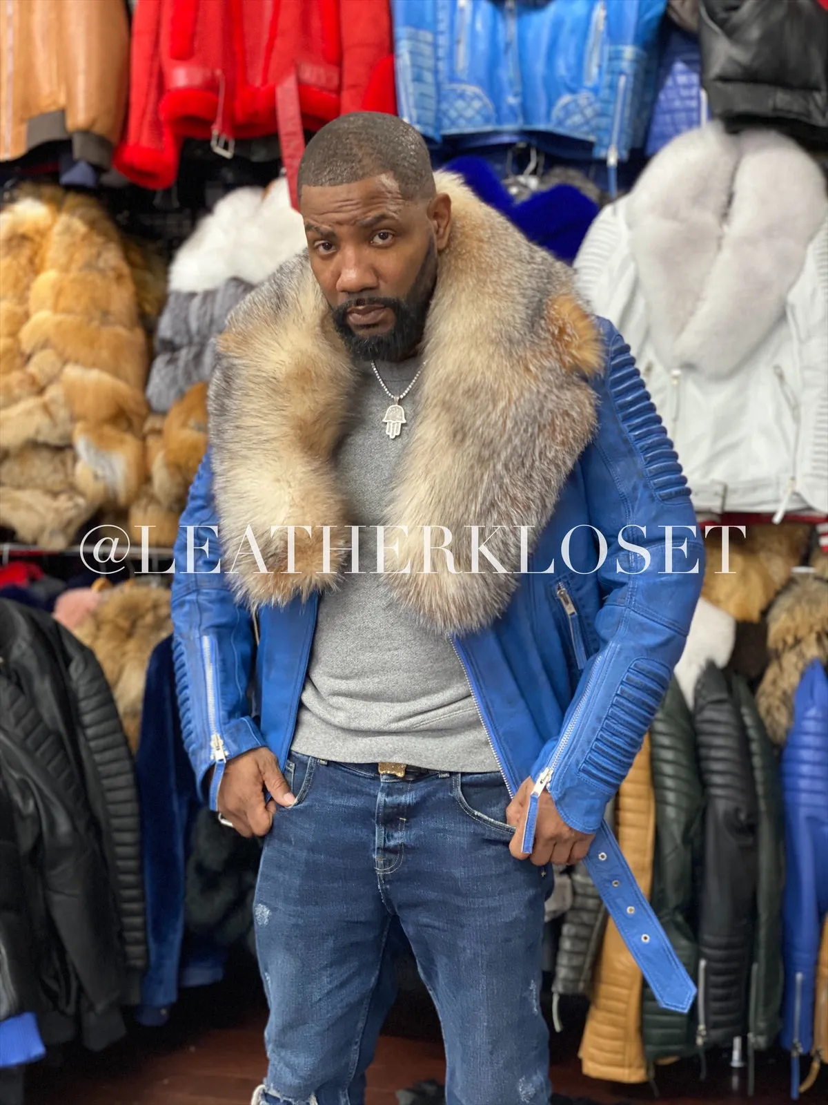 Men's Trey Biker Denim Leather Full Fox Fur Collar