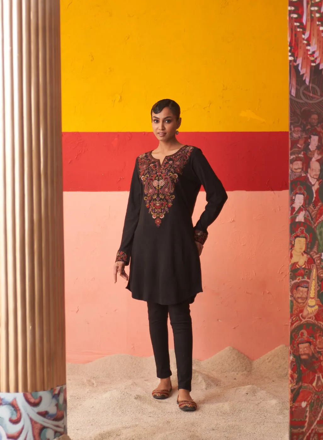 Midnight Black Embroidered Woollen Kurti for Women