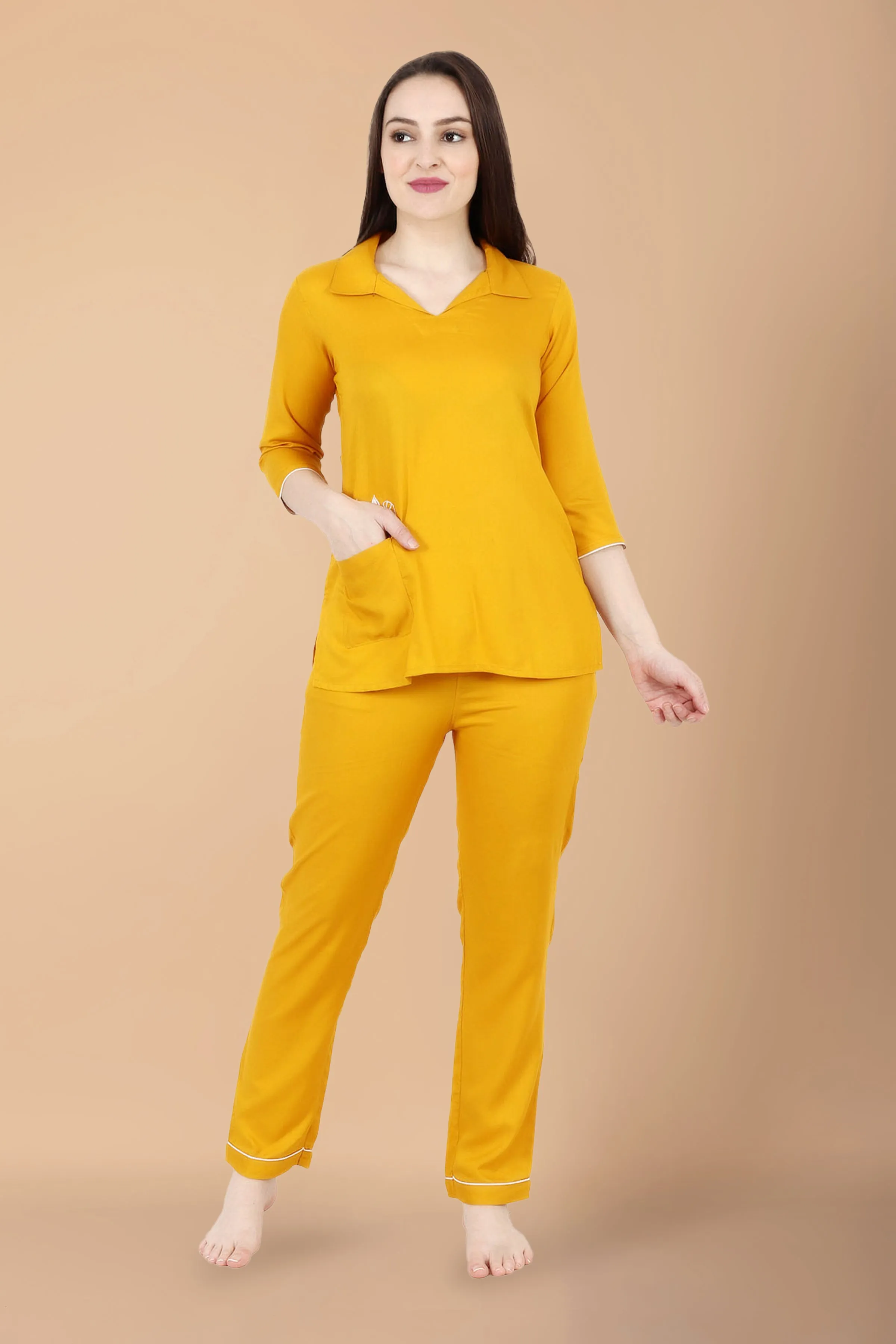 Mustard Cute Cat Night Suit