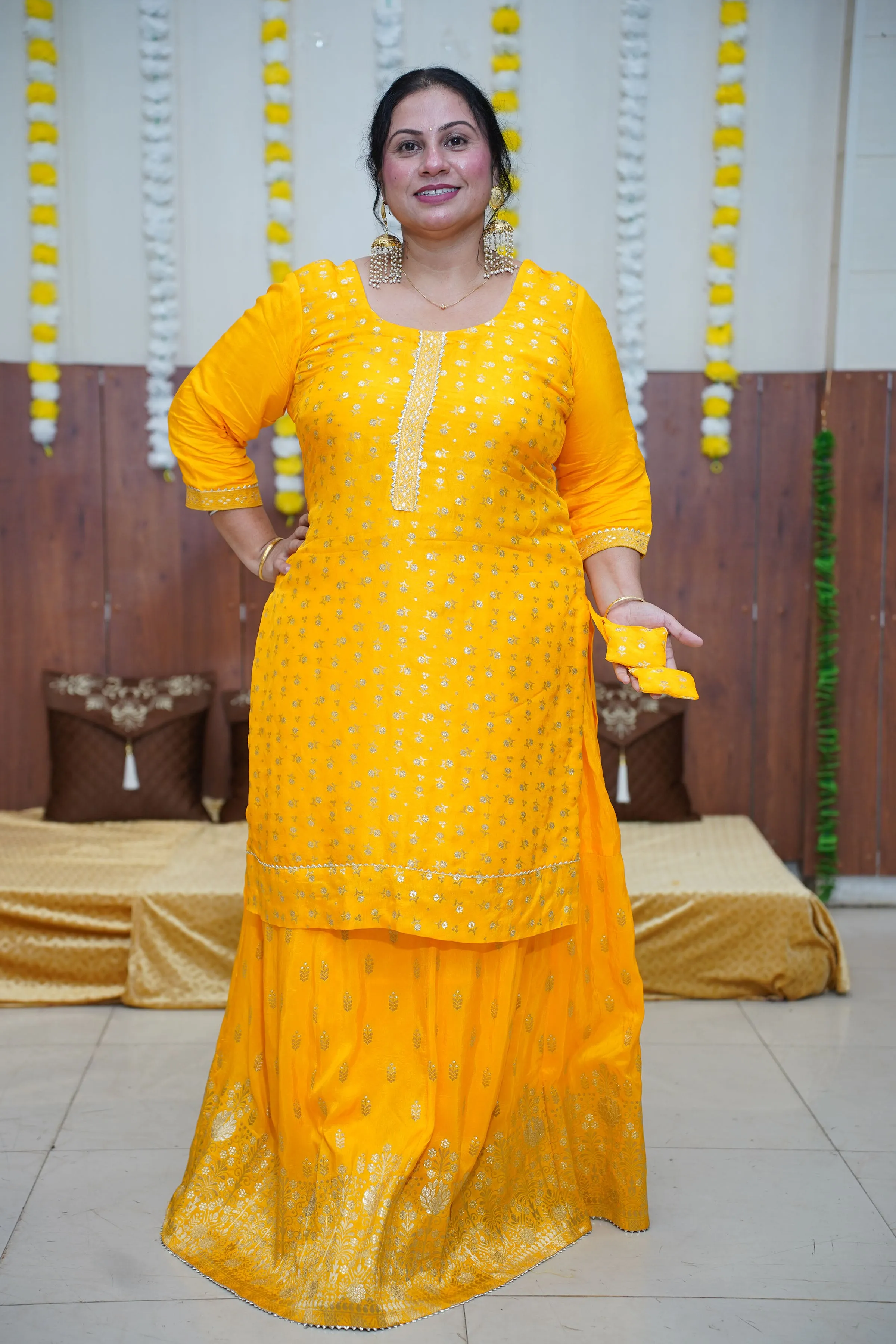 Mustard Gold Jacquard Skirt Suit